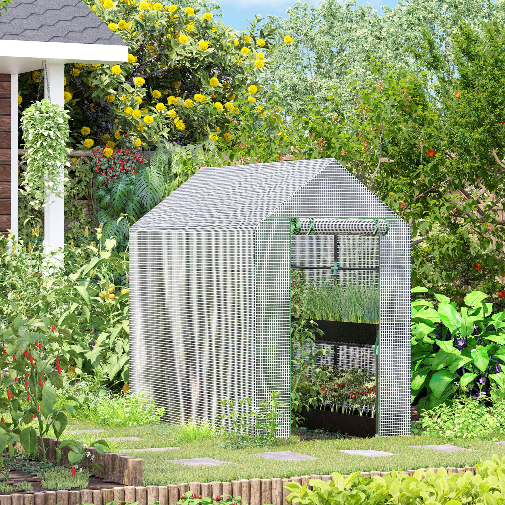 Outsunny Walk In Greenhouse with 2-Tier Shelves, Roll up Zip Panel Door, Garden Polytunnel Steeple Grow House for Outdoor, 6 x 4 x 6ft White 2