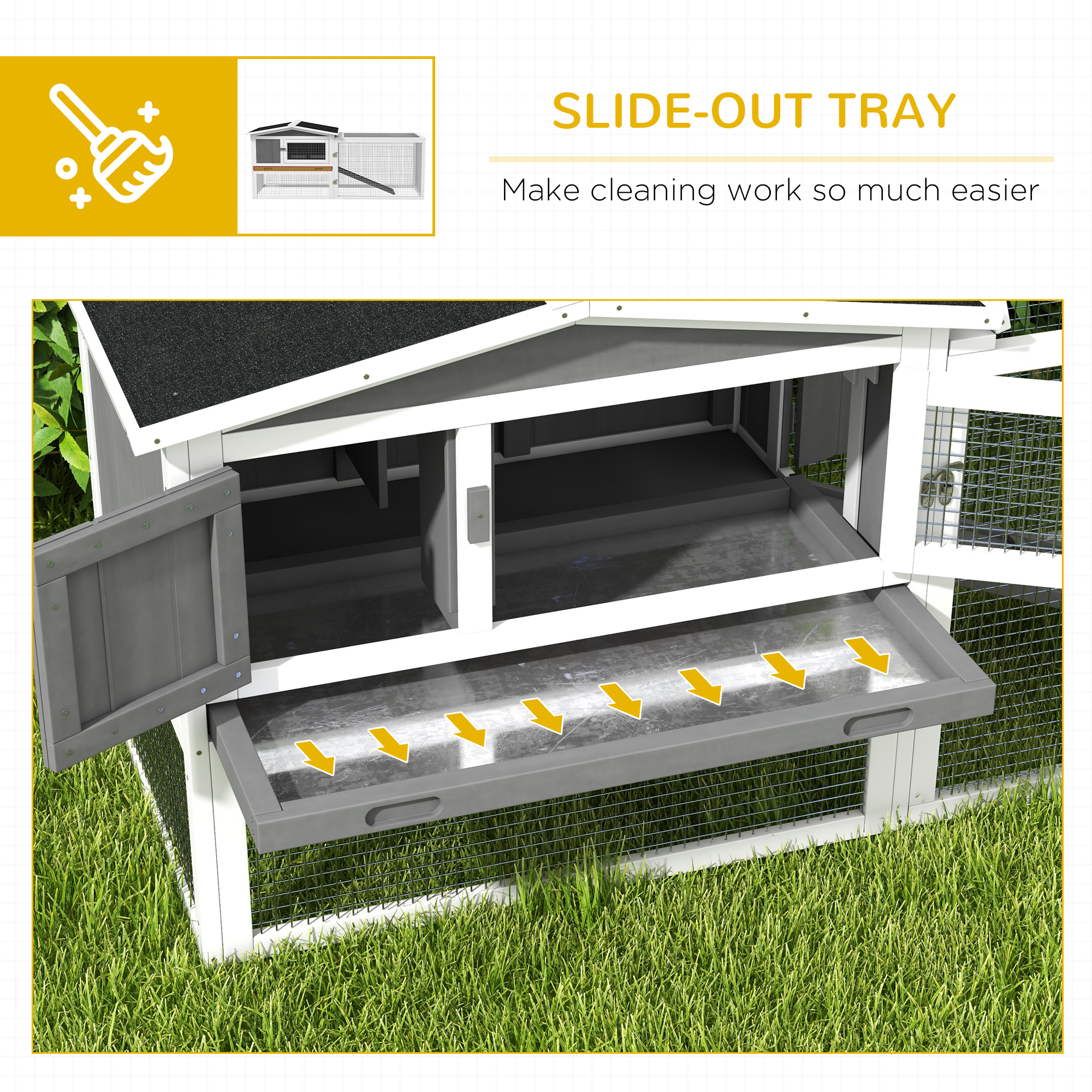 PawHut Rabbit Hutch with Run Wooden Guinea Pig Hutch Outdoor Bunny Cage Hide House with Sliding Tray, Hay Rack, Ramp, 156 x 58 x 68cm, Grey 6