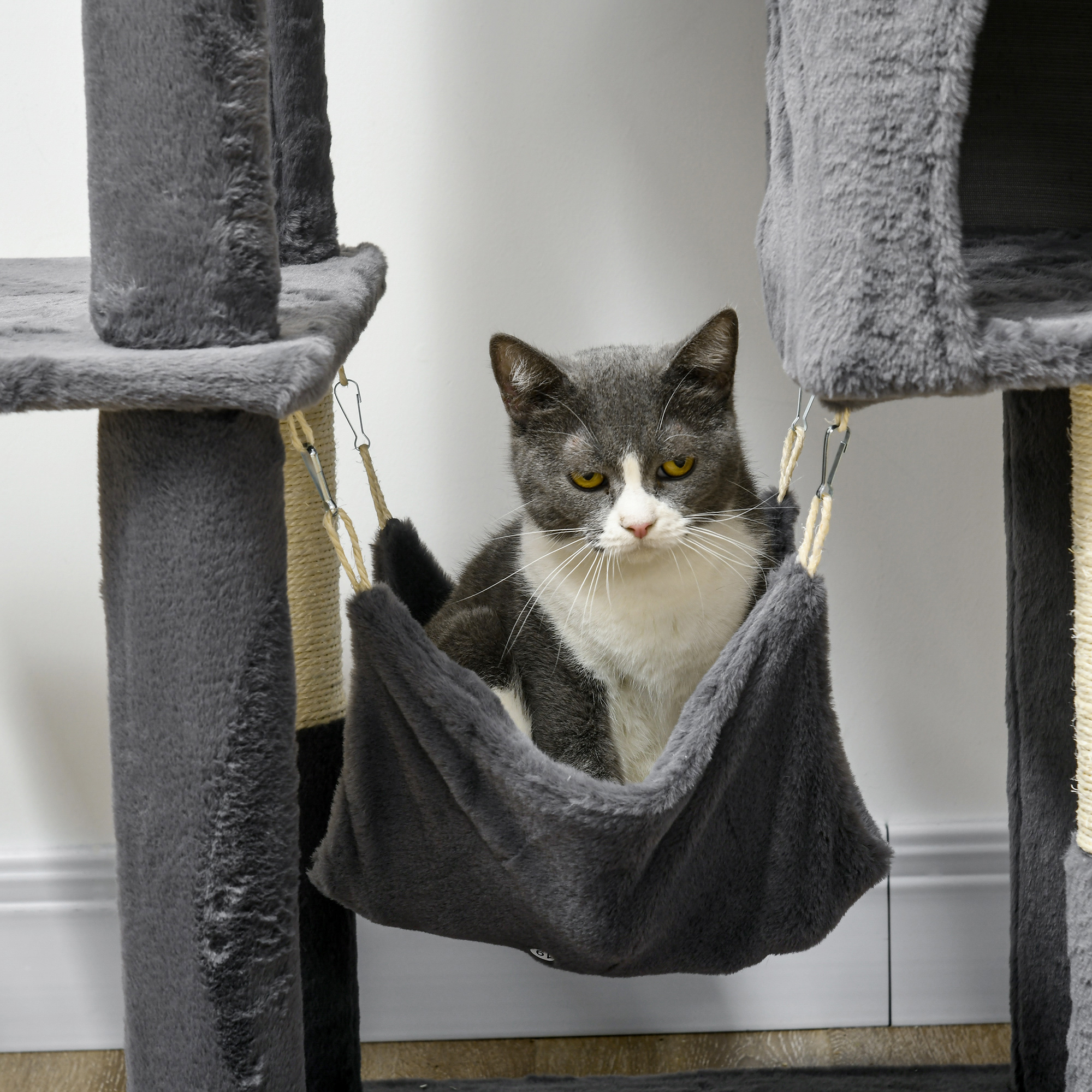 PawHut 177cm Cat Tree with Scratching Post, Hammock, Cat House Dark Grey 9