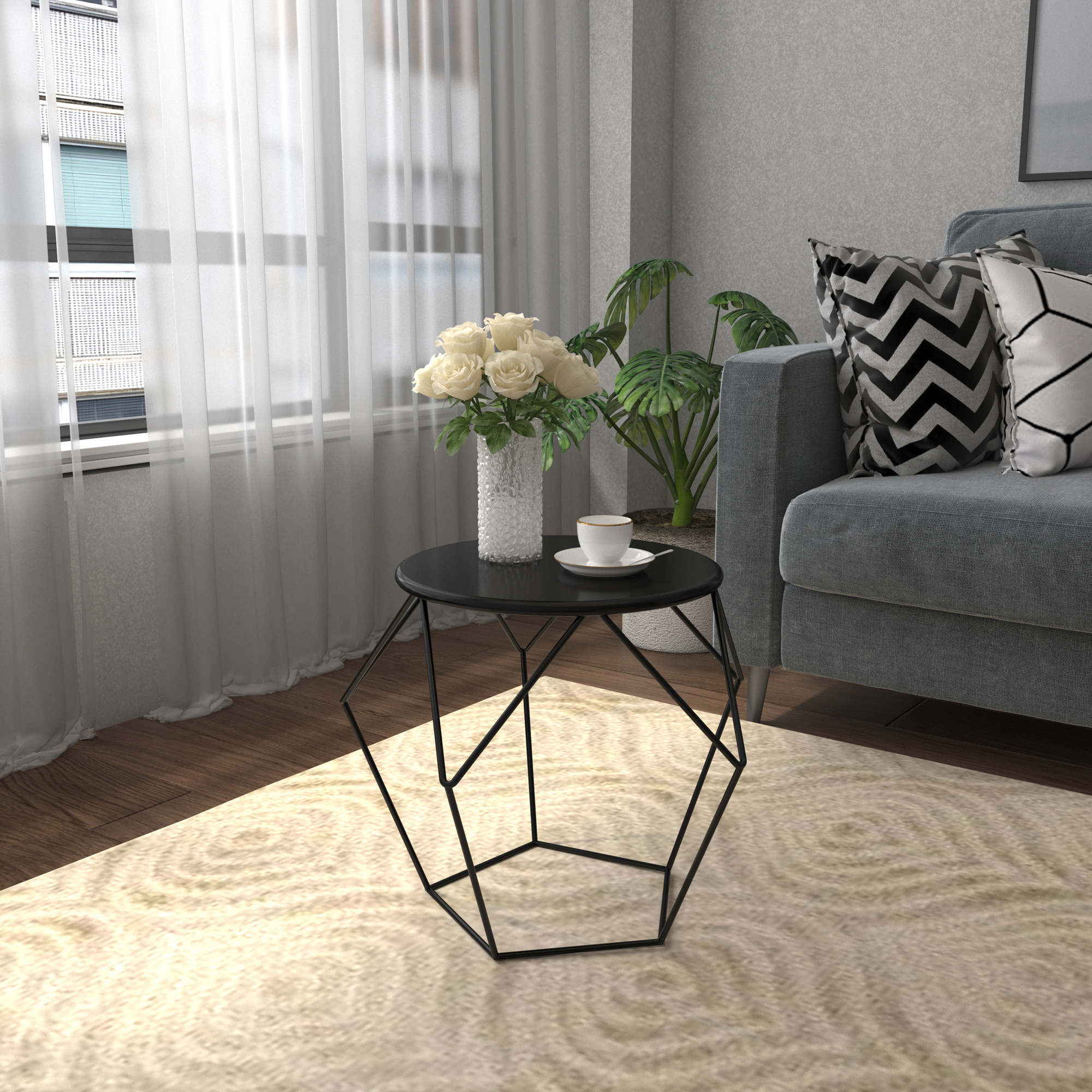 HOMCOM Round Side Table, Minimalist End Table with Steel Frame, Small Coffee Table for Living Room, Bedroom, Black 2