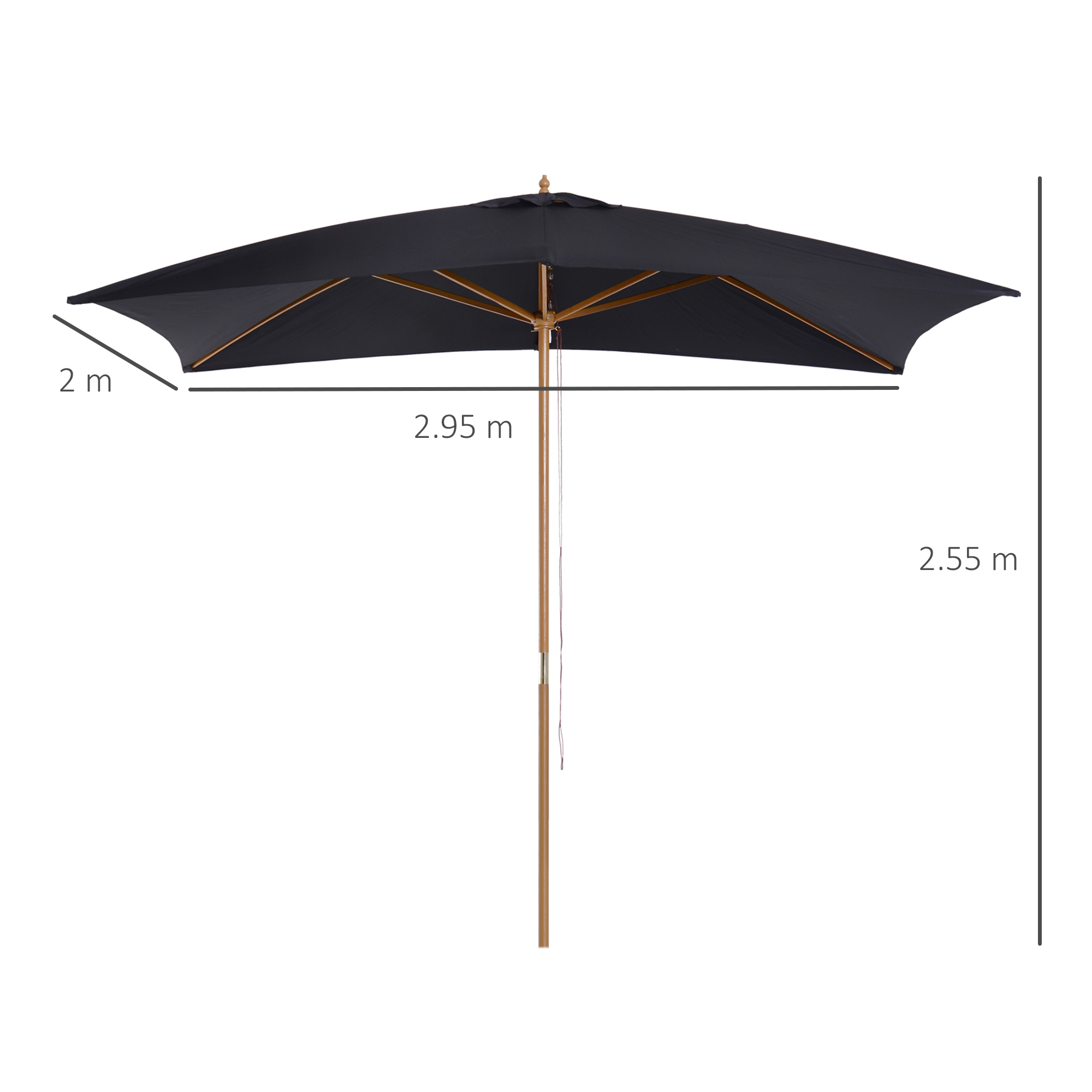 Outsunny 2 x 3m Wooden Garden Parasol Umbrella Outdoor Sun Shade Canopy, Black 3