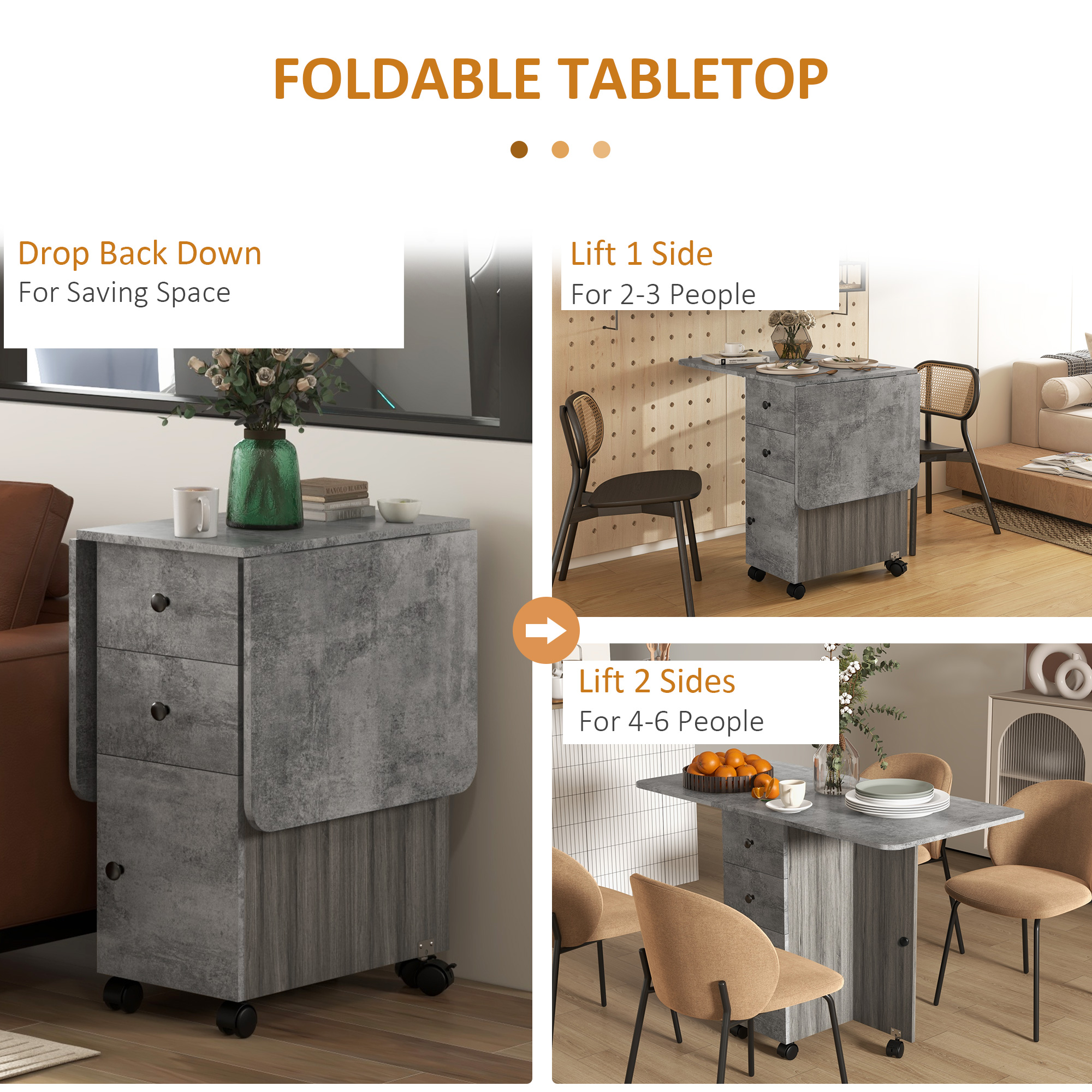 HOMCOM Multi-Storage Six-Person Drop Leaf Dining Table Mixed Grey 5