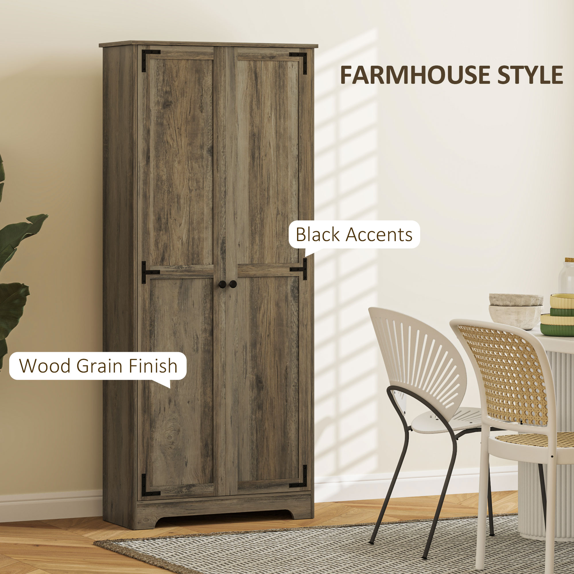 HOMCOM Farmhouse Kitchen Cupboard, Freestanding Kitchen Storage Cabinet with Adjustable Shelves, Tall Storage Cabinet with Recessed Doors, Grey Wood-Effect 4