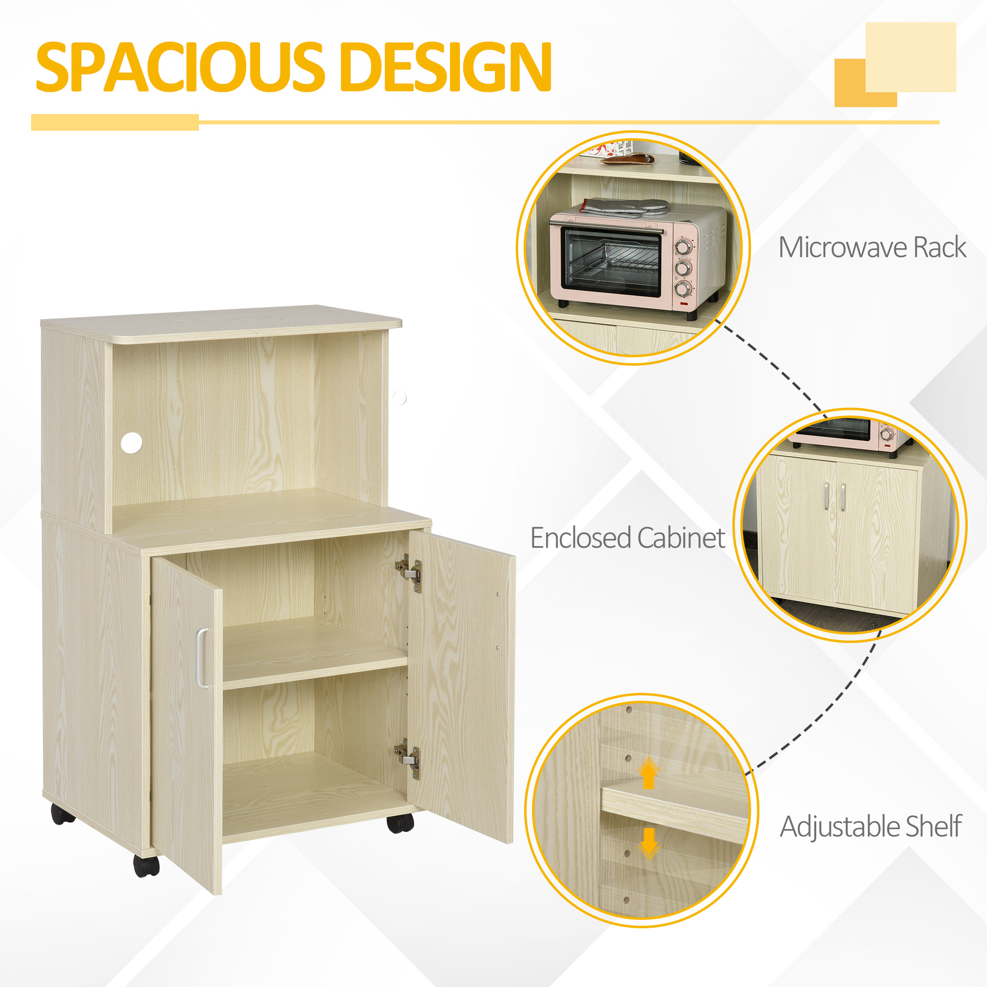 HOMCOM Kitchen Storage Unit, Modern Microwave Stand Trolley Cart, Sideboard with Cabinet,  Locking Wheels, Shelf for Living Room, Dining Room, Oak Tone 4