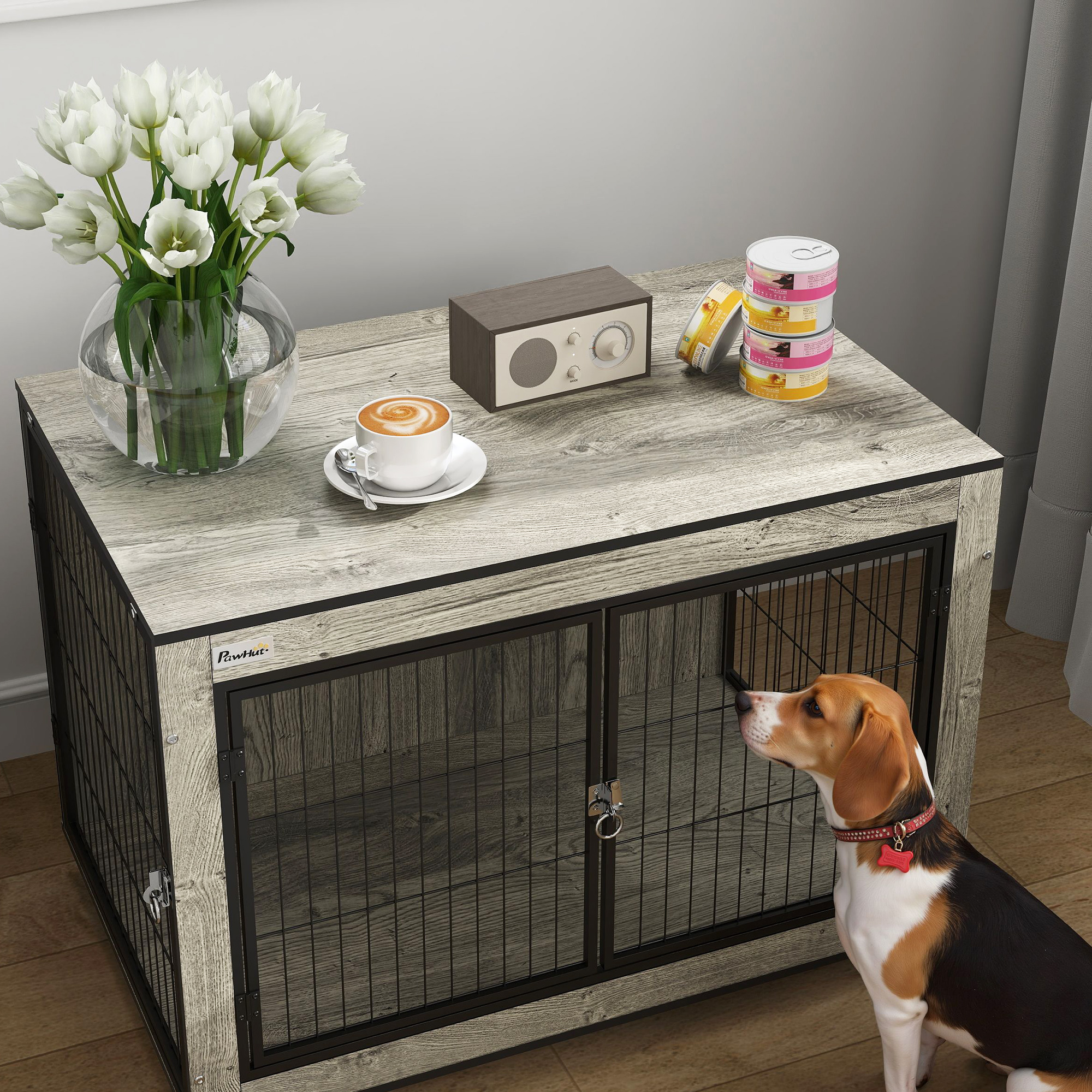 PawHut Dog Crate Furniture with Wheels, Double Doors, for Medium Dogs, Grey 9