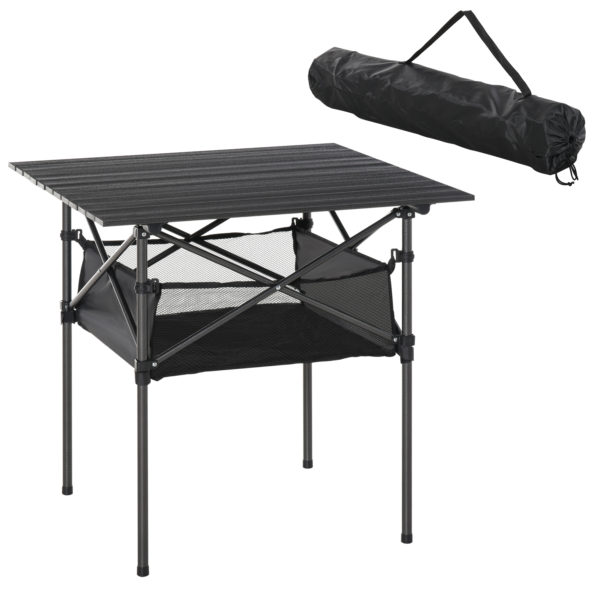 Outsunny Mesa de Camping Plegable con Espacio Almacenaje de Malla y Bolsa de Transporte para Jardín Patio Exterior 70x70x69 cm Negro   Aosom España