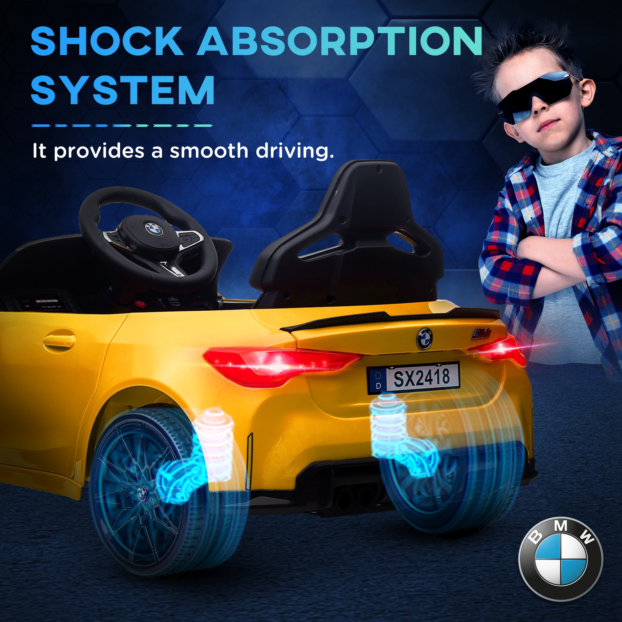 AIYAPLAY 12V BMW M4 Licensed Kids Car with Easy Transport, Remote Control, Suspension, Music, Horn, LED Lights, Yellow 6