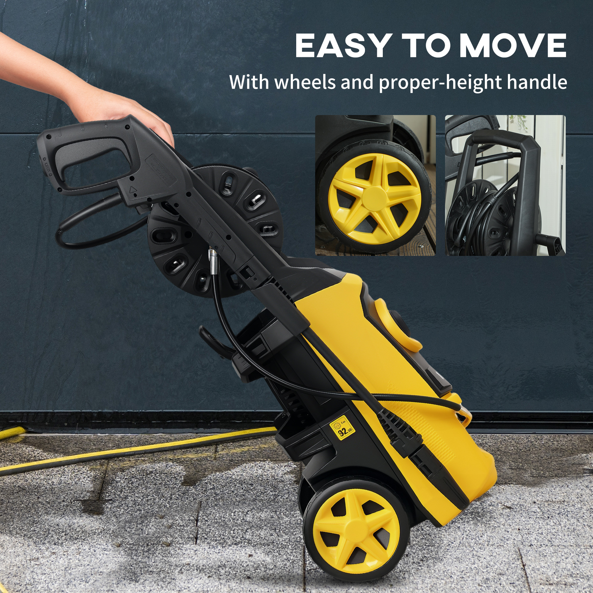DURHAND 1800W High Pressure Washer, 150 Bar Pressure, 510 L/h Flow, High-Performance Portable Power Washer Jet Wash Cleaner with 6M Hose and Hose Reel for Garden, Car, Furniture, Yellow 8