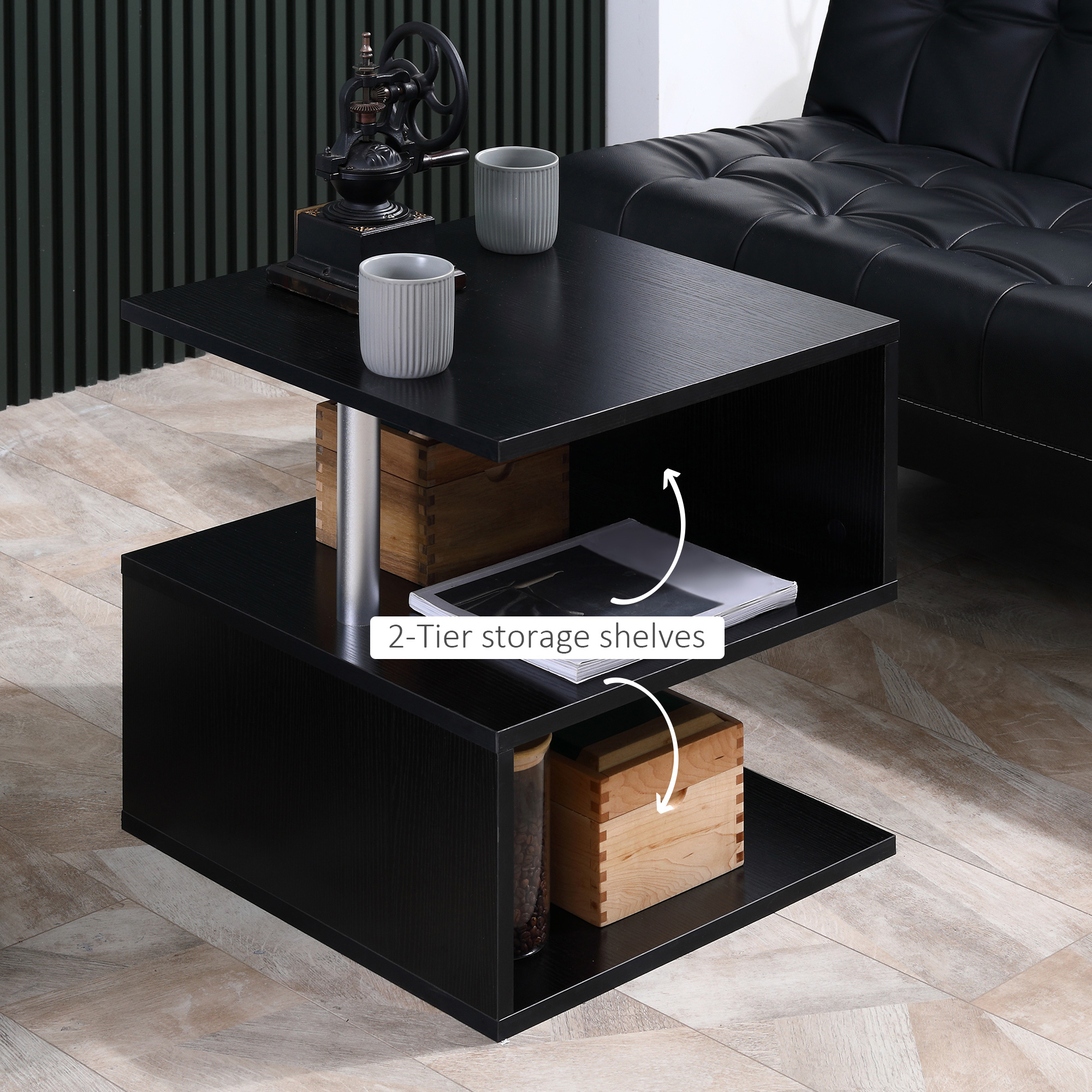 HOMCOM Wooden S Shape Cube Coffee Table 2 Tier Storage Shelves Organizer Office Bookcase Living Room End Desk Stand Display (Black) 5
