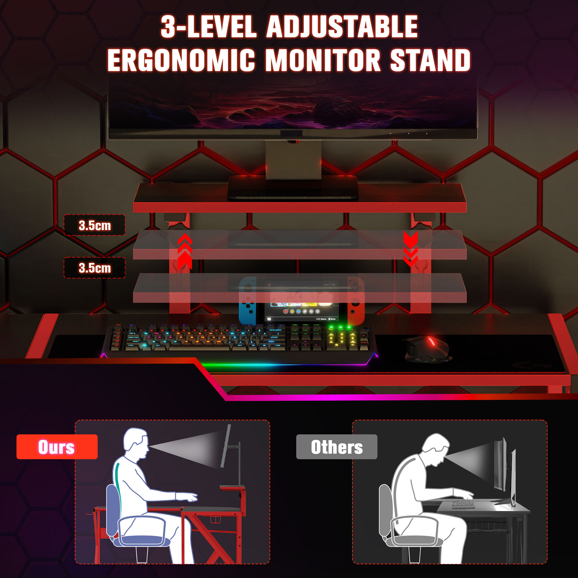 HOMCOM Gaming Desk L-Shaped Corner Computer Table for Home Office PC Workstations with Adjustable Monitor Stand Cup Holder Headphone Hook 125x125x75cm, Red 7