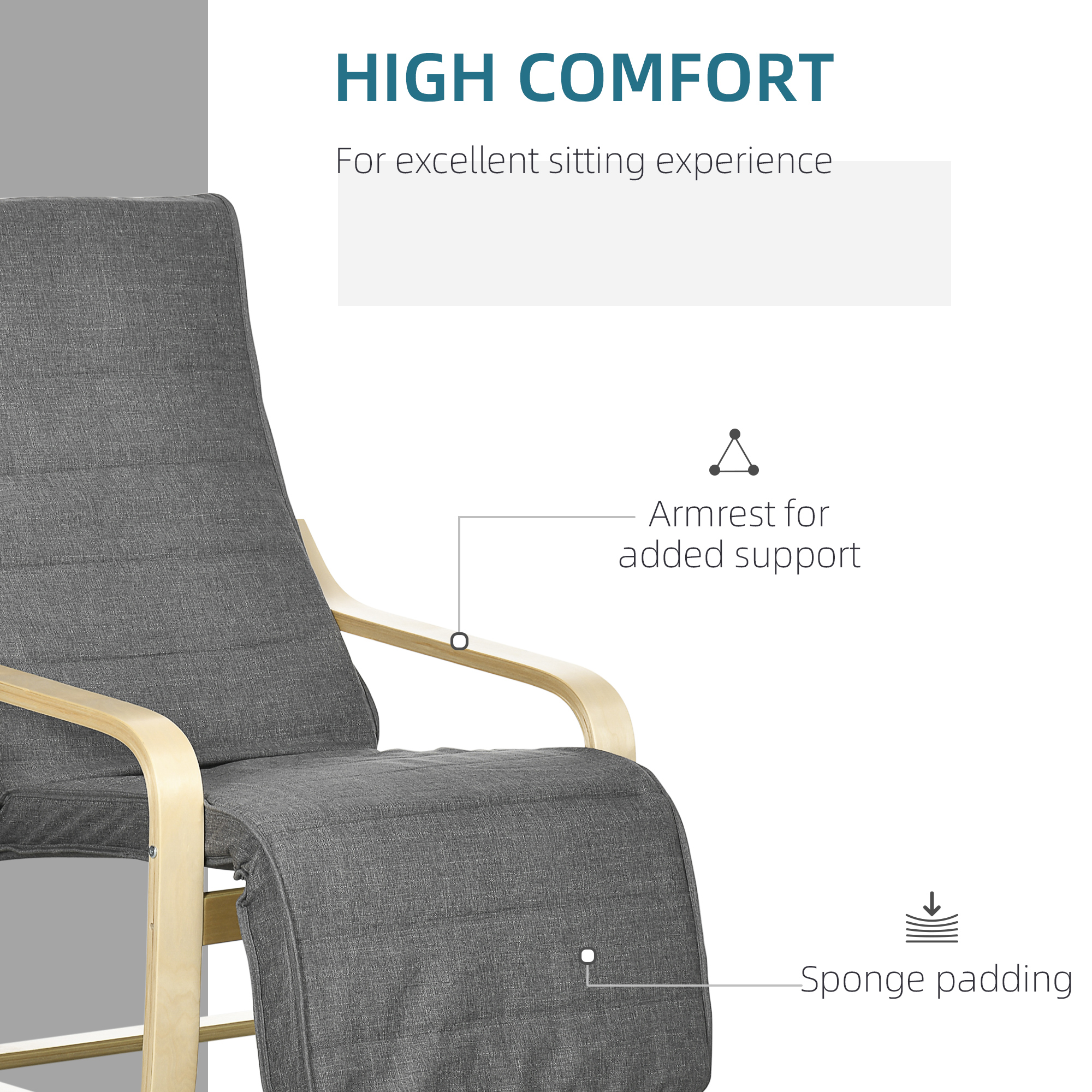 HOMCOM Wooden Armchair, Upholstered Linen Lounge Chair with Adjustable Footrest & Removable Cushion, Poang Chair for Living Room, Dark Grey 5
