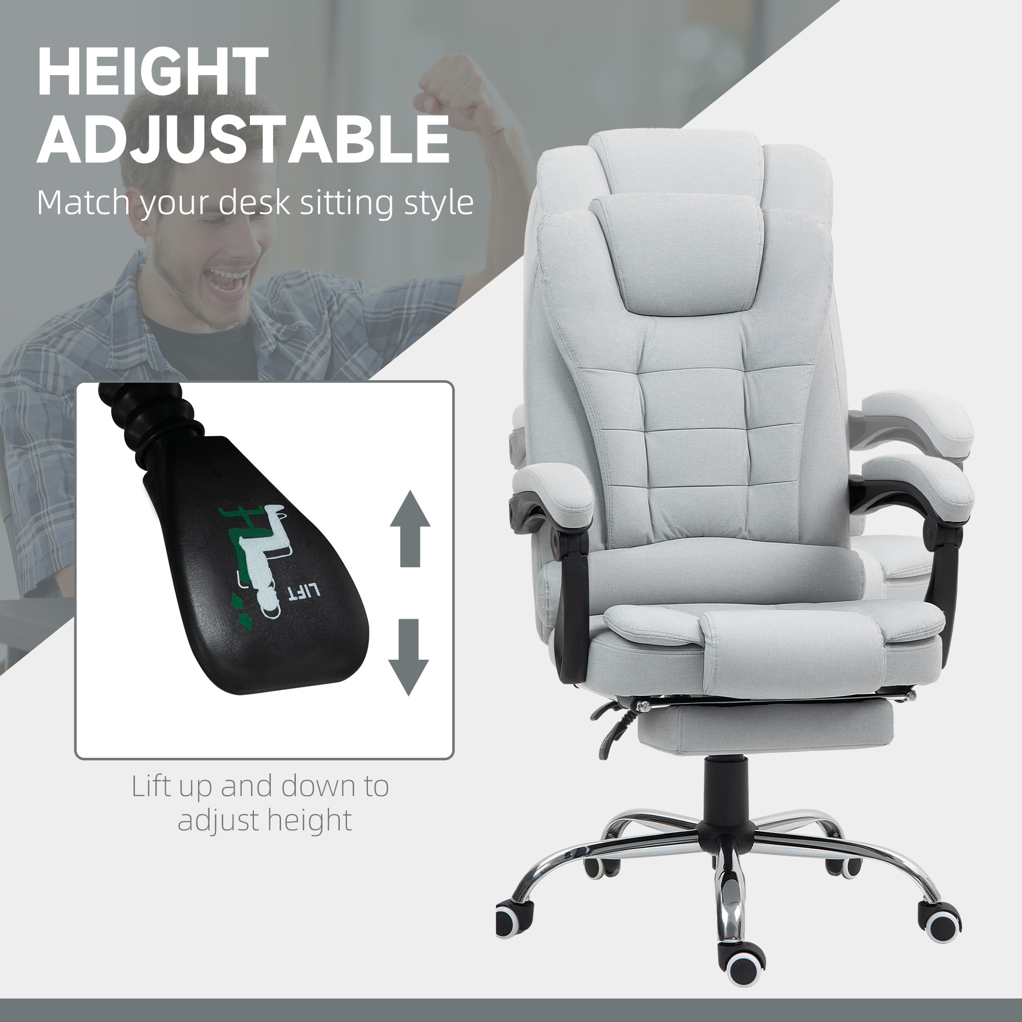 HOMCOM Linen-Look Adjustable Office Chair Light Grey 4