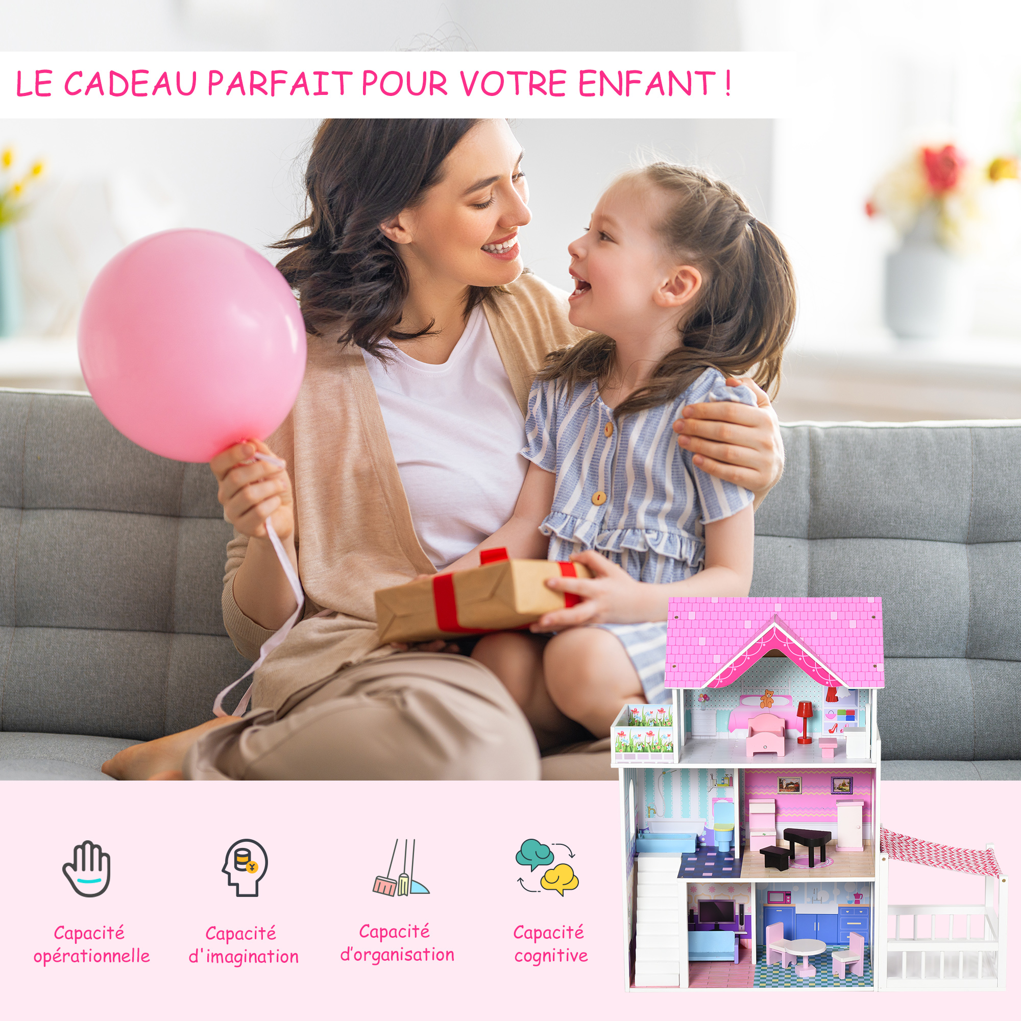 Maison de poupée en bois 3 étages – HOMCOM – Avec accessoires - Jeux & Jouets