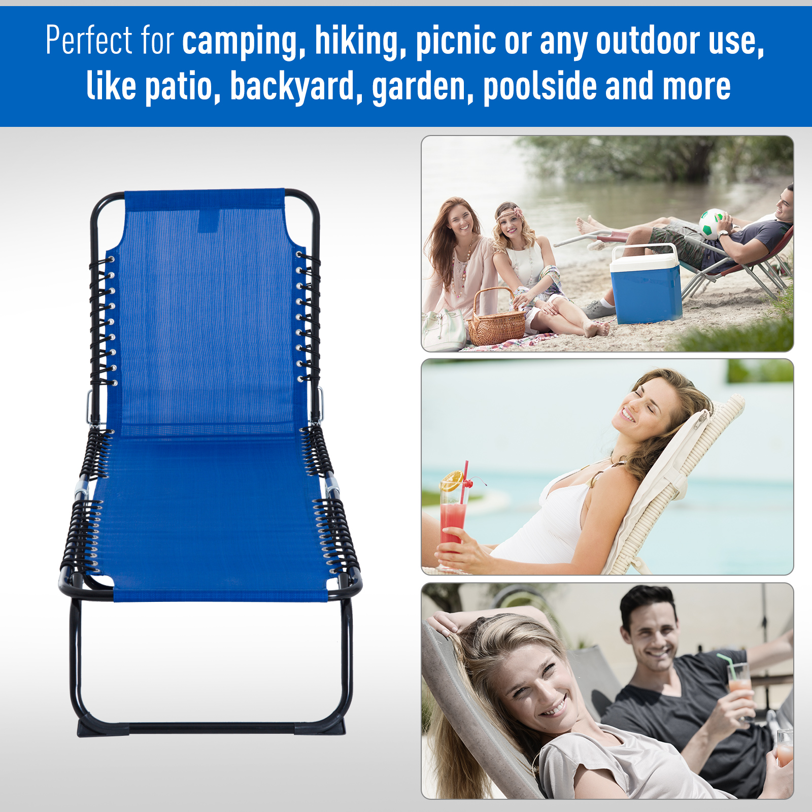 Outsunny Foldable Sun Lounger, Outdoor 4 Level Adjustable Backrest Reclining Chaise Chair, Steel Frame Recliner Chair for Camping, Hiking, Navy Blue 7