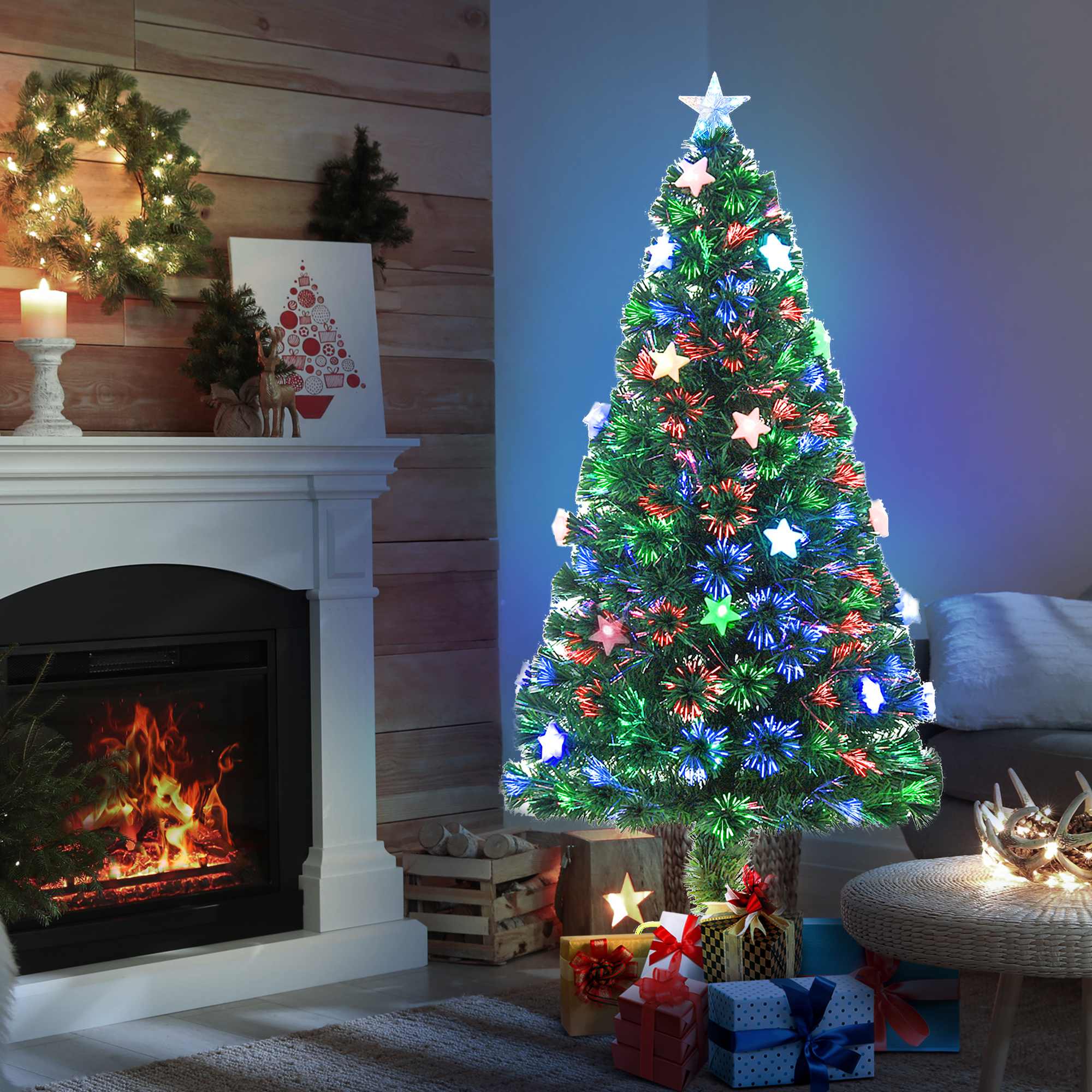 HOMCOM 5FT Prelit Artificial Christmas Tree Fibre Optic Star LED Light Holiday Home Xmas Decoration with LED Light for Indoor Party, Green 2