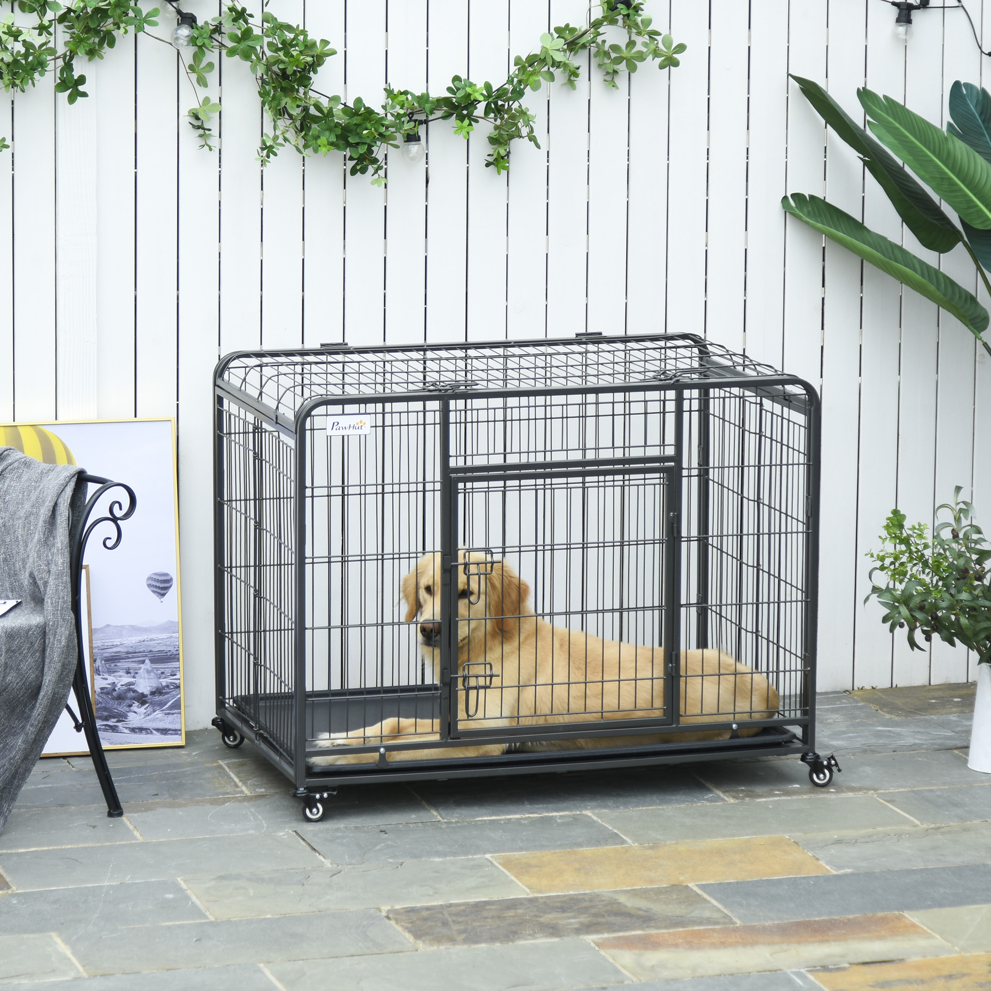 PawHut Metal Dog Cage Kennel Locking Door & Wheels Removable Tray Openable Top For Large Pets 109.5 x 71 x 78 cm 2