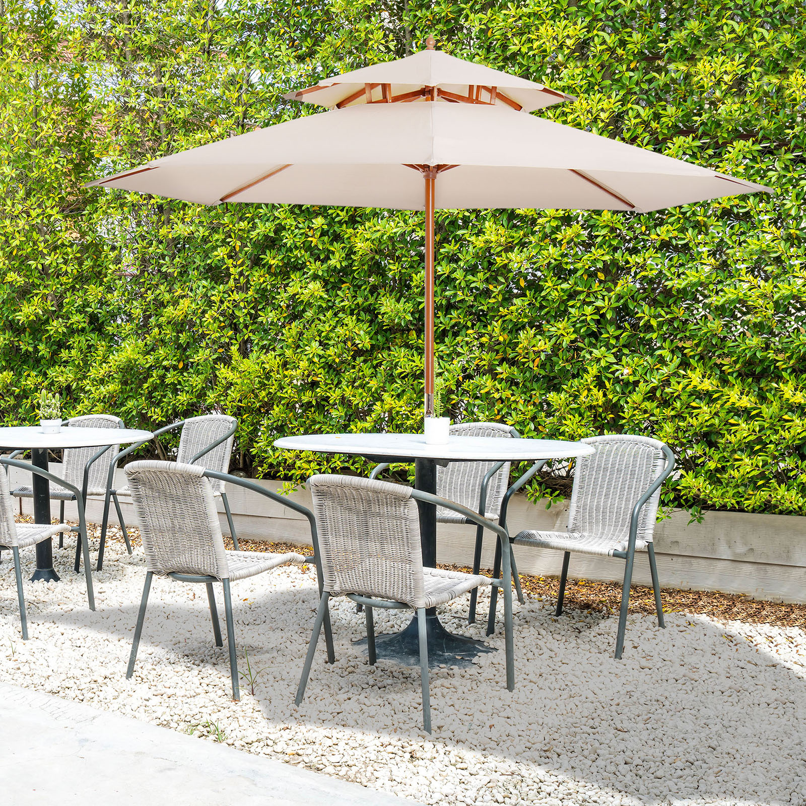 Outsunny 2.7m Wooden Parasol Elegant Two-Tier Design Garden Parasol Umbralle for Outdoor Shade, Beige 2