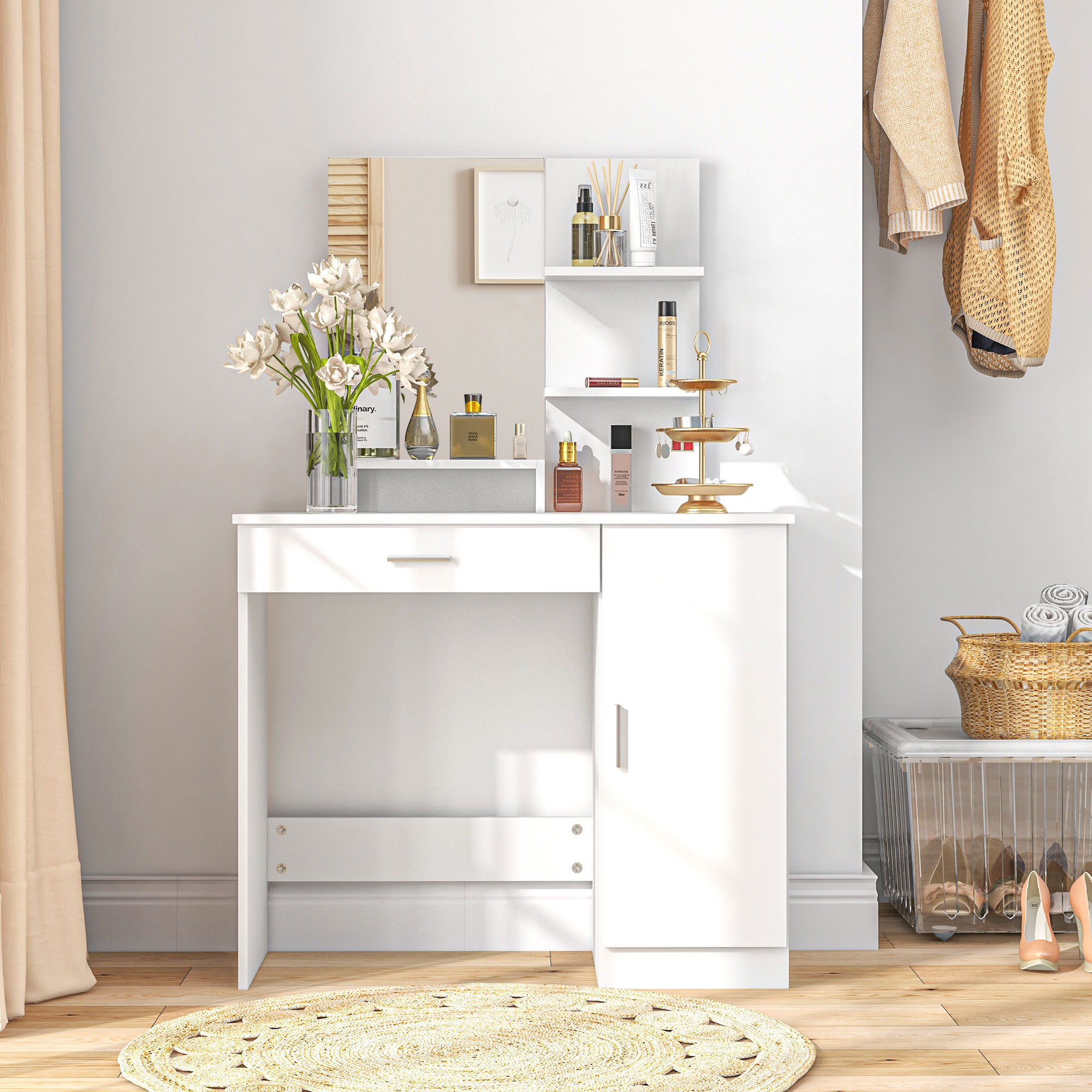 HOMCOM Toeletta Trucco con Luci LED, Specchio, Prese USB e 4 Cassetti Bianco