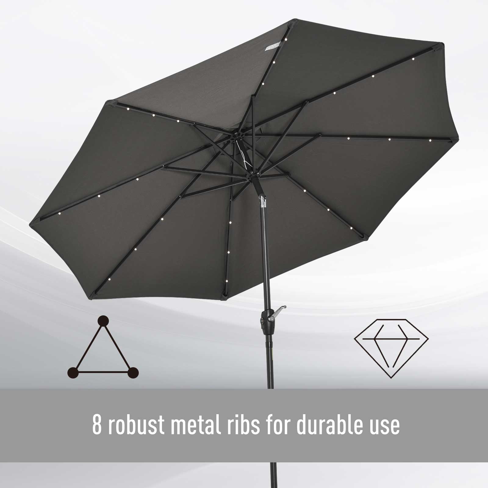 Outsunny Φ2.7m Garden 24 LED Light Parasol Solar Outdoor Tilt Sun Umbrella Patio Club Party Event Manual Sun Shade w/ Hand Crank and 8 Ribs, Grey 8