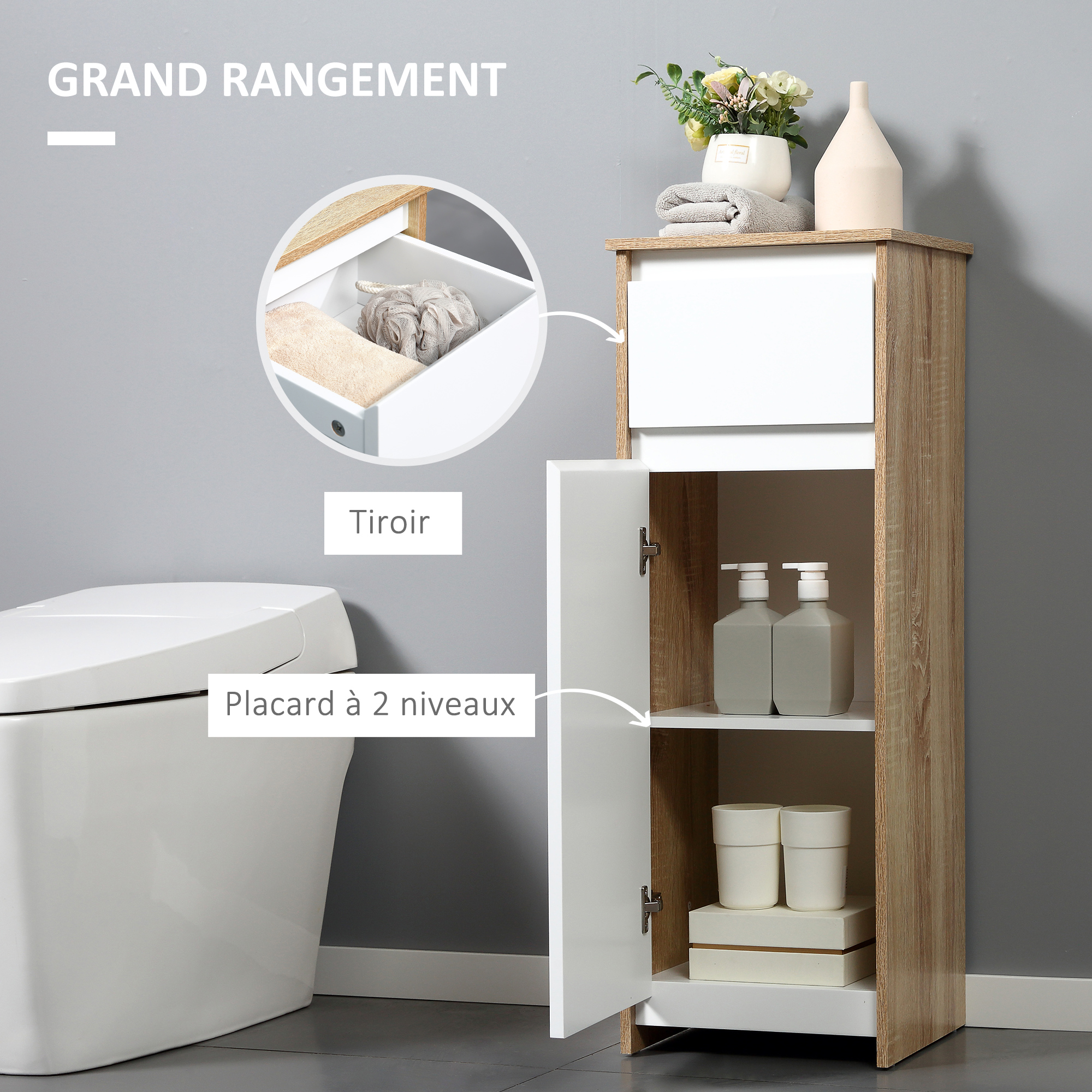 Kleankin Meuble De Salle De Bain Armoire De Rangement Avec 1 Tiroir Et 1 Placard 326 X 30 X 90 Cm Aspect Bois Et Blanc 92124337
