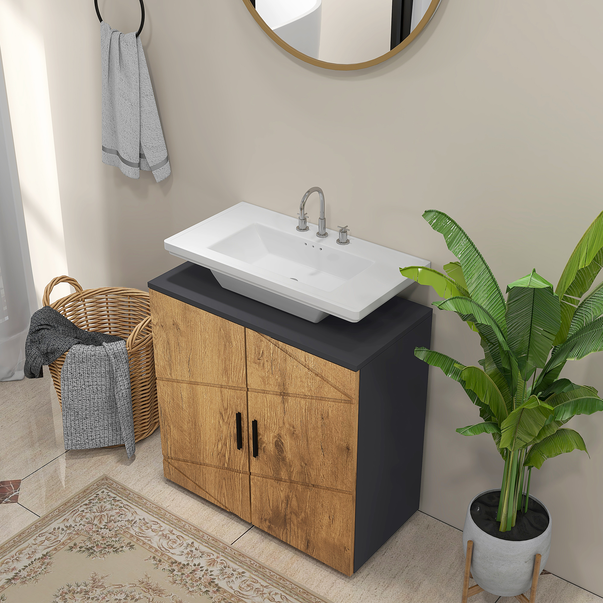 Kleankin Meuble Sous-Lavabo Salle De Bain 60x30x65cm Blanc - Placard 2 Portes Avec Étagères