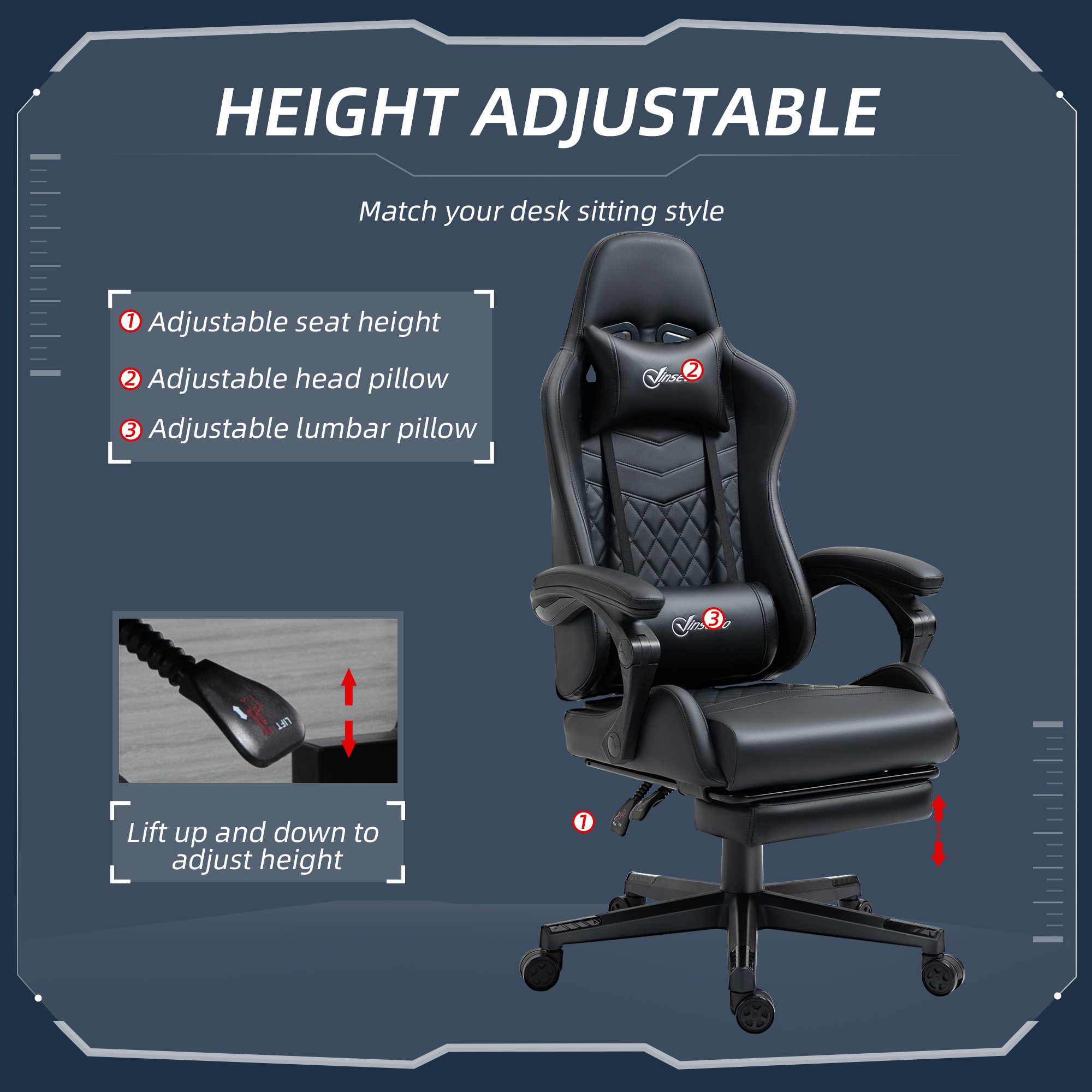 Vinsetto Computer Gaming Chair with Footrest, Video Gaming Chair for Adults with 130° Reclining Back, Desk Chair with Lumbar Support and Adjustable Height, Black 4