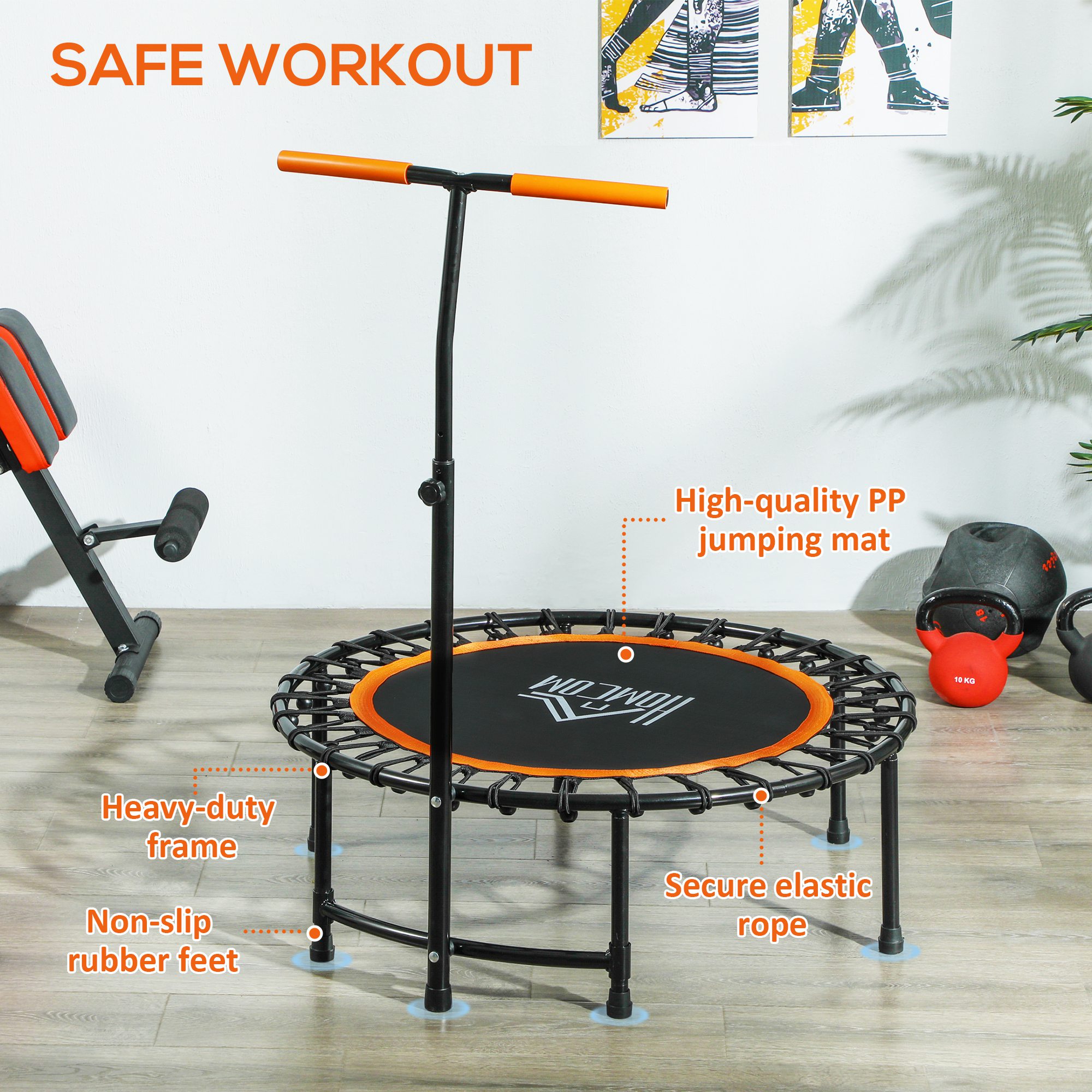HOMCOM 40" Fitness Trampoline with Adjustable Handle, Rebounder Trampoline, Mini Jumper for Indoor Exercise Workout, Orange 5