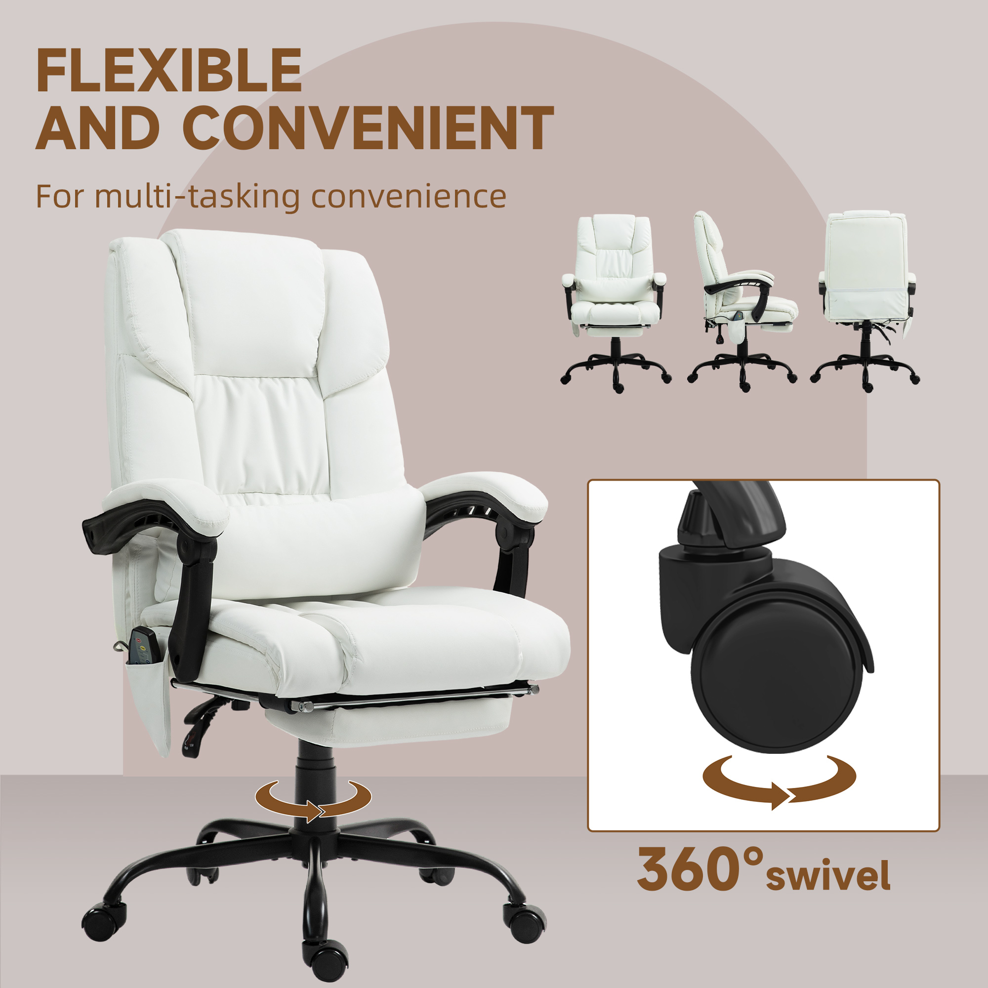 Vinsetto 6-Point Massage Office Chair, PU Leather Desk Chair with Adjustable Height and Footrest for Home Office, White 8