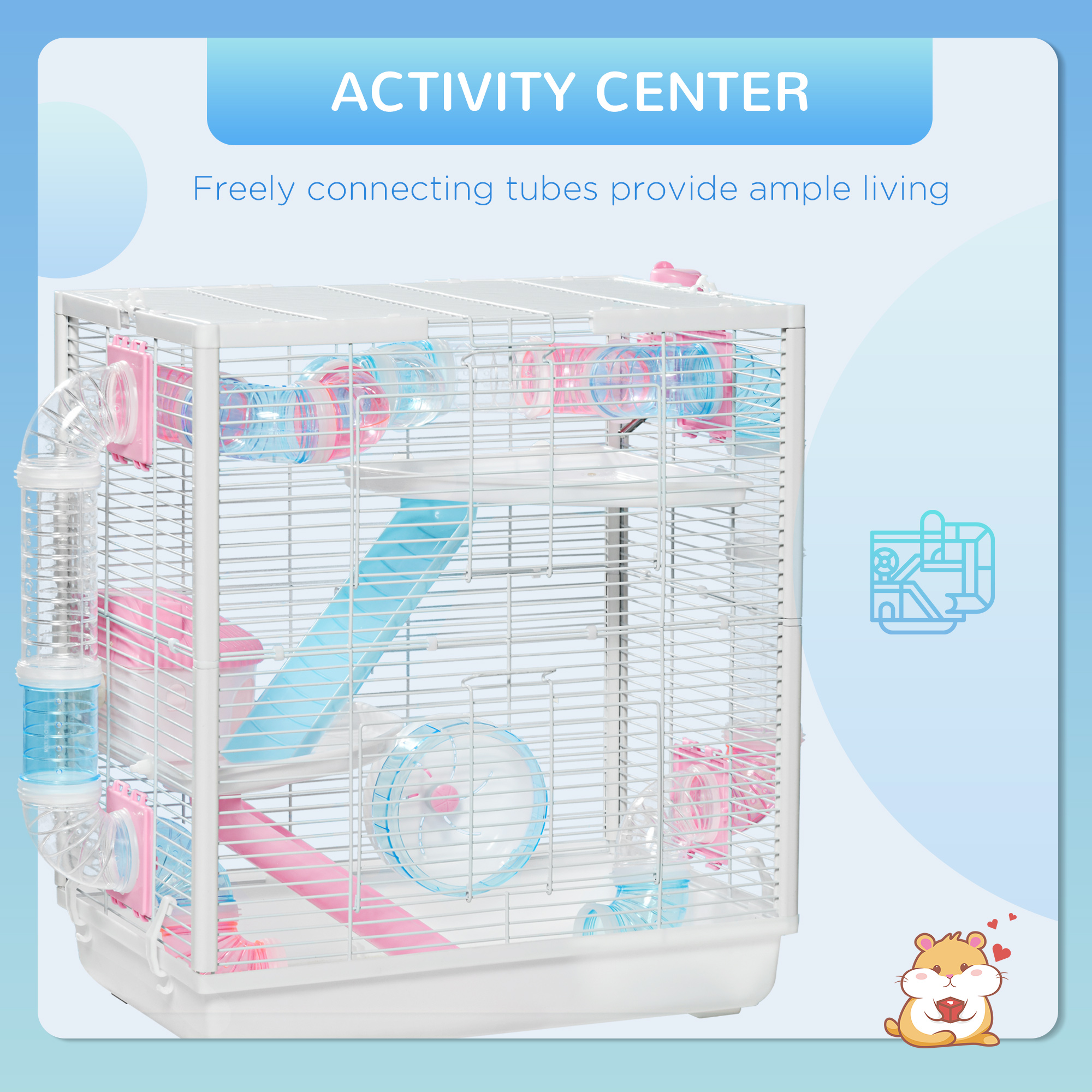 PawHut Hamster Cage for Small Rodents, with Tunnel Tube, Exercise Wheel ...