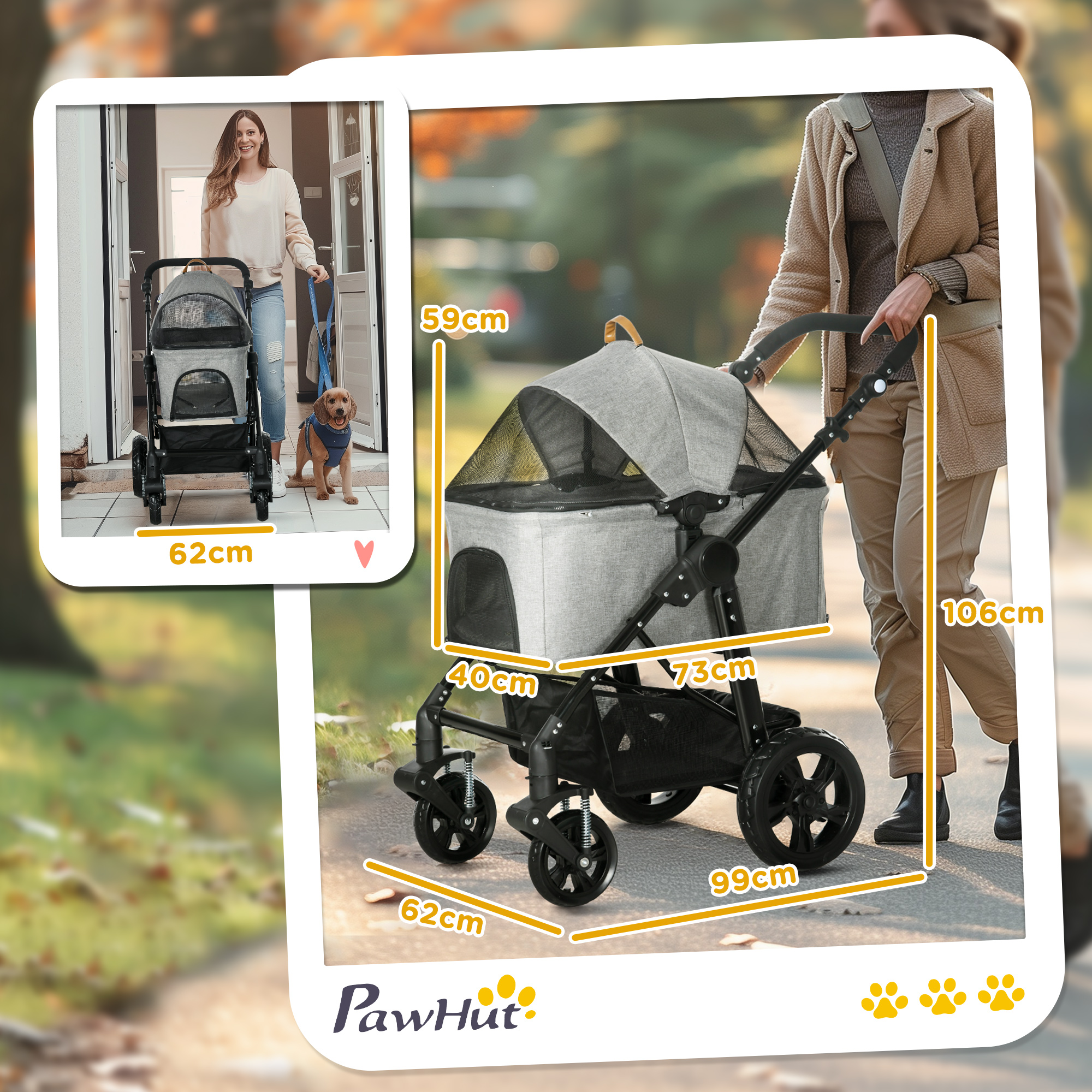 PawHut Dog Pram Pet Stroller for Small Dogs Cats, Foldable Dog Pushchair Trolley with Detachable Pet Carrier Bag, Shock Absorber, Adjustable Handlebar, Grey 3
