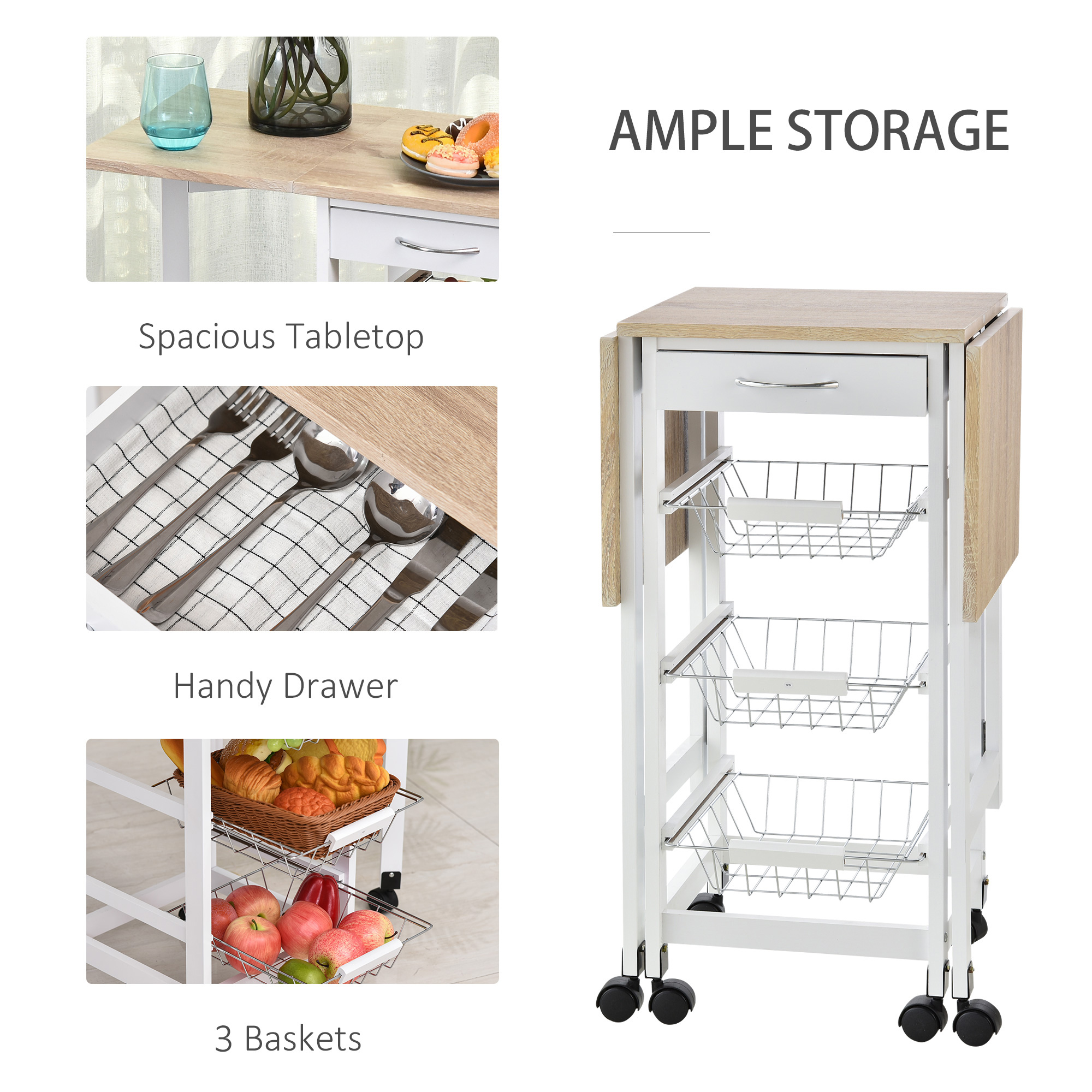 HOMCOM Drop-Leaf Kitchen Cart Trolley w/ 3 Baskets Drawer Surface Top 6 Universal Wheels Rolling Storage Unit Kitchen Home Dining Island White Oak Tone 6