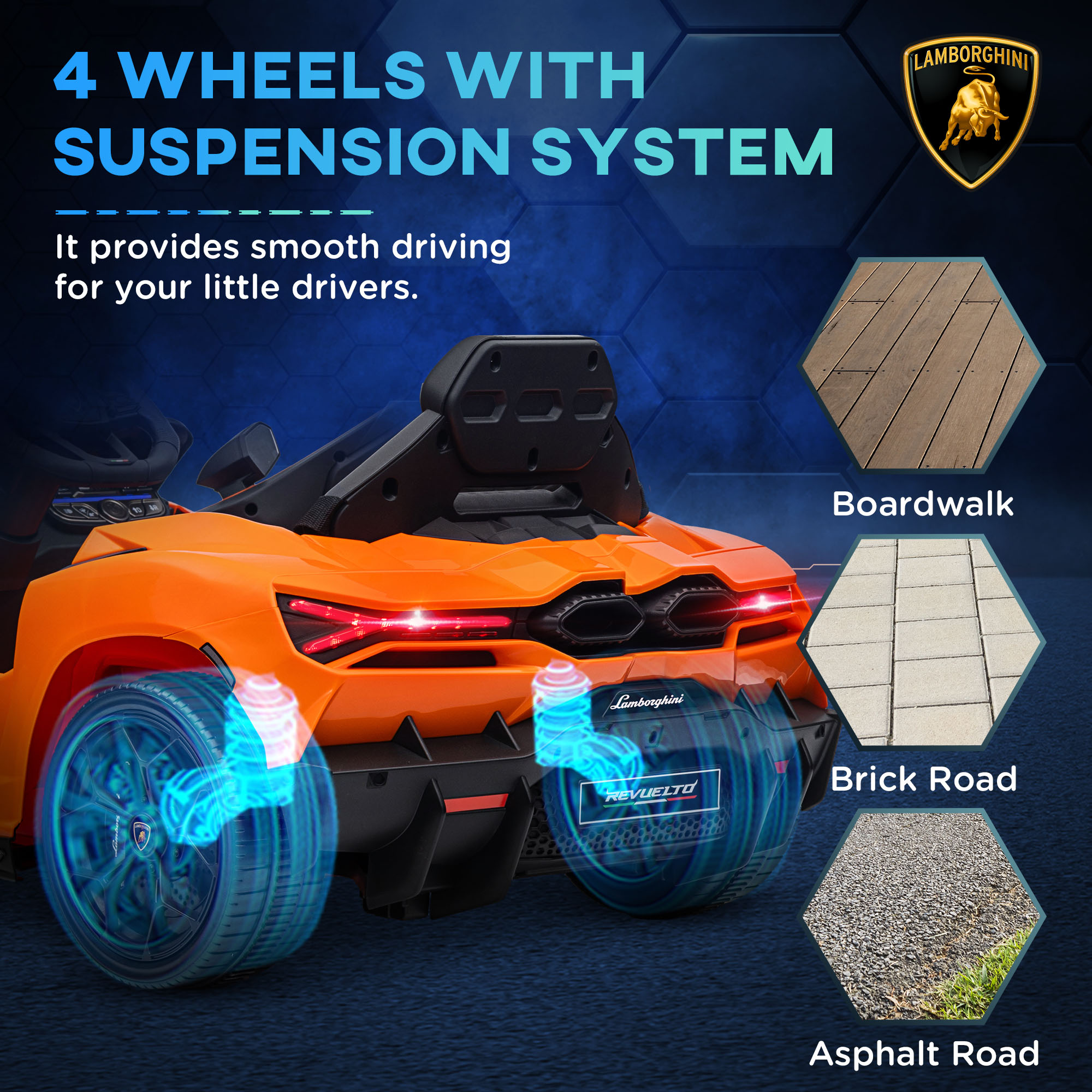 AIYAPLAY Lamborghini Revuelto Licensed 12V Ride on Car w/ Butterfly Doors, Transport Wheels, Suspension, Remote Control, Orange 6