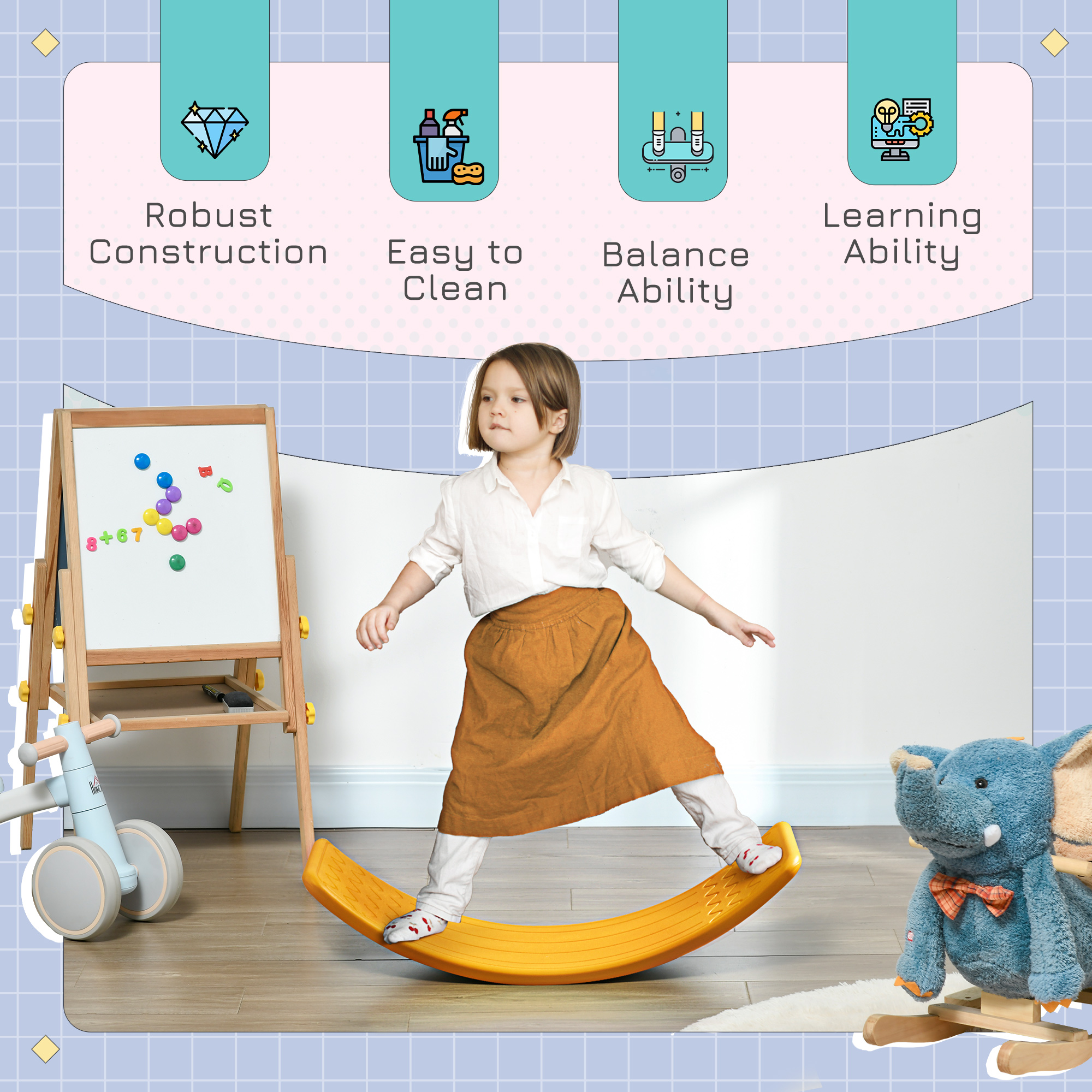 ZONEKIZ Balance Board Kids Wobble Board, Stepping Stone, Montessori Toy for Children, Nursery Toy, for Ages 3-6 Years, 82 x 27.5 x 19.5cm Orange 5
