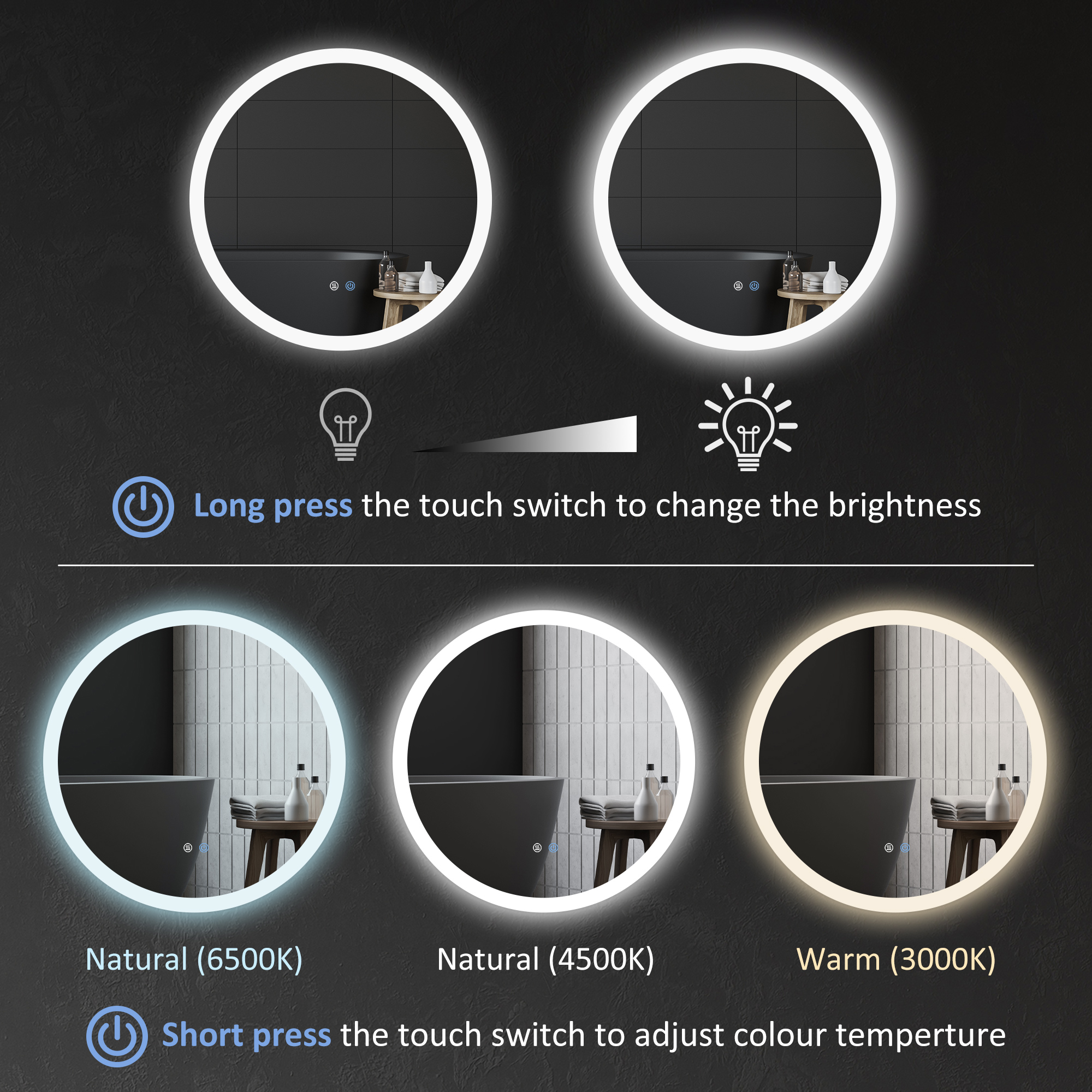 kleankin Round Bathroom Mirror with LED Lights, Wall-Mounted Dimmable Makeup Mirror with 3 Temperature Colours, Defogging Film, Memory Function, Hardwired, 60 x 60 cm 5