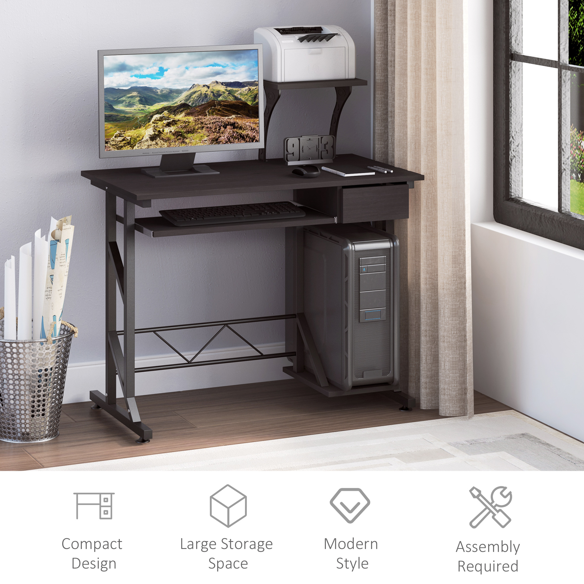 HOMCOM Computer Desk with Display Stand, Sliding Keyboard Tray Drawer and Host Box Shelf Home Office Workstation Dark Brown 6