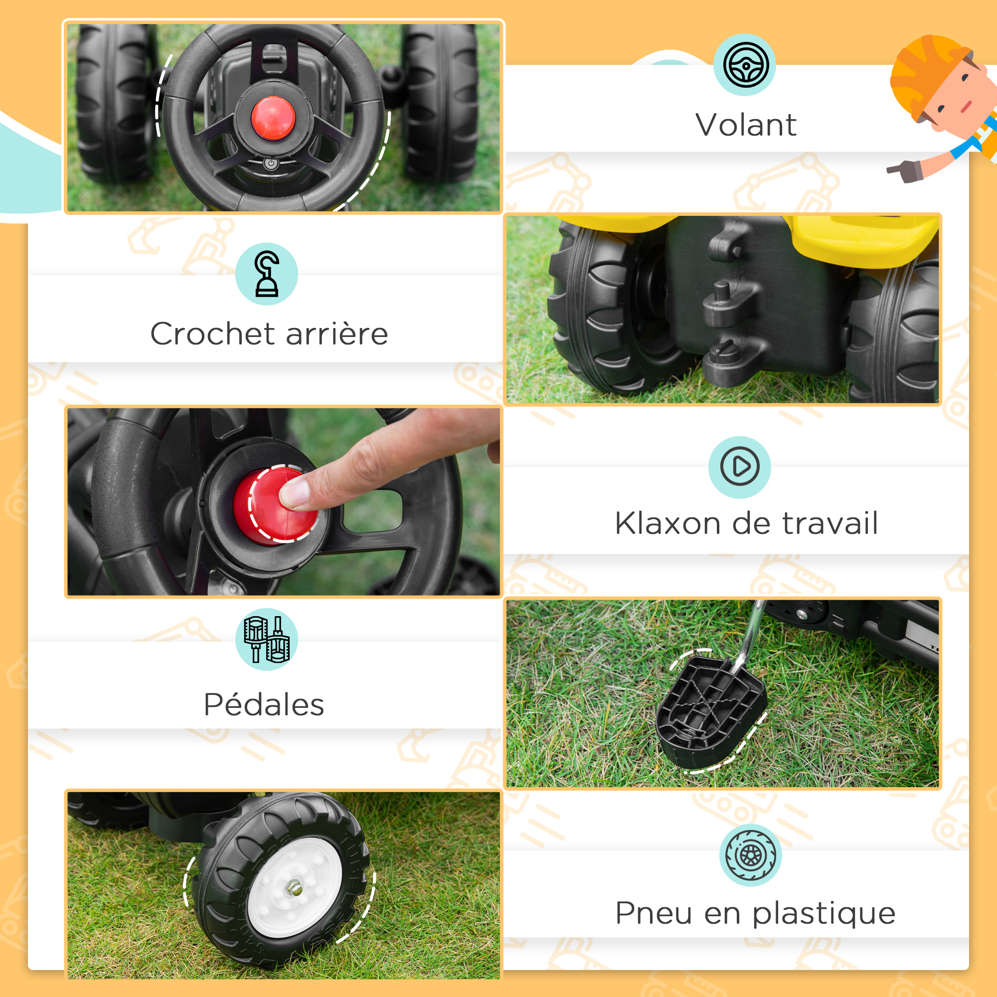 Tractopelle Enfant 3 En 1 Costway - Pelle + Remorque - Pédales - 3-6 Ans - Jaune