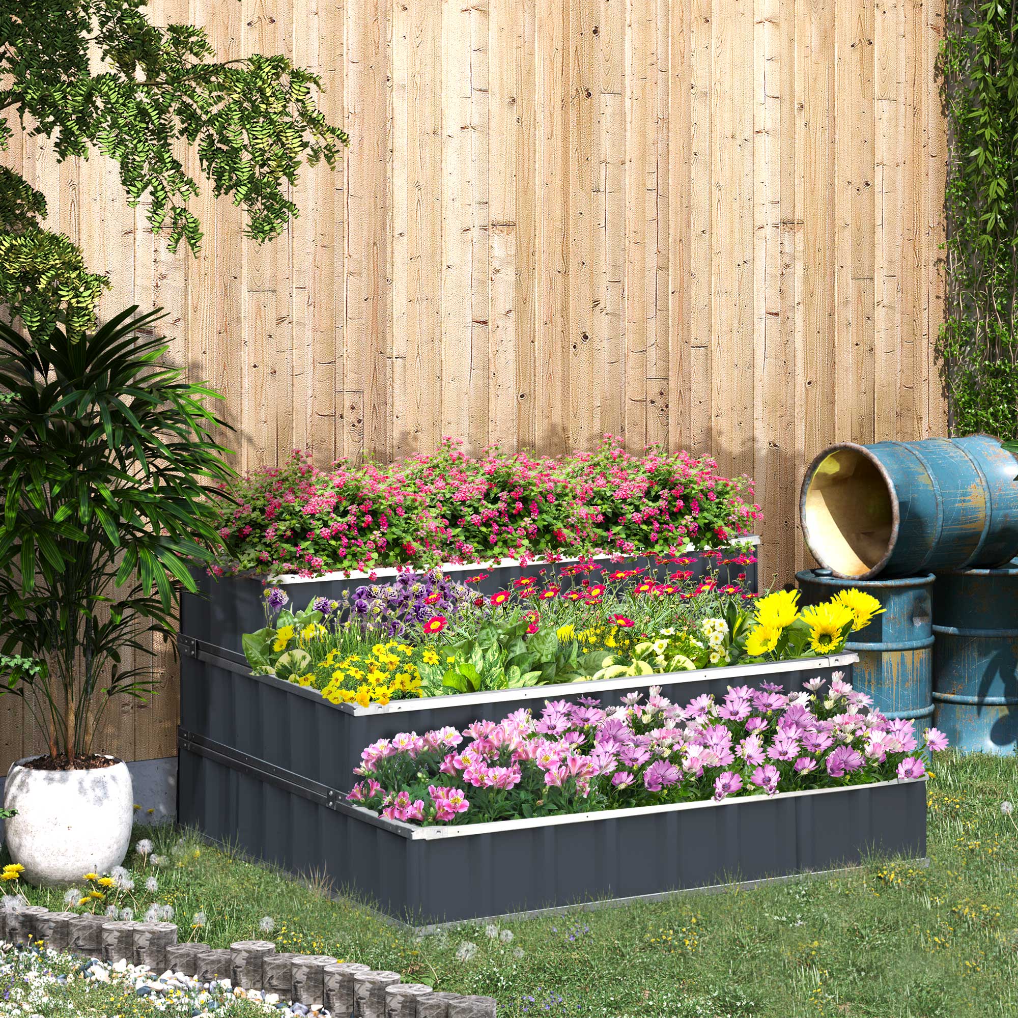 Outsunny 3 Tier Raised Garden Bed, Metal Elevated Planer Box Kit Flower Pot w/ A Pairs of Glove for Garden, Patio to Grow Vegetables, Herbs, Flowers, 118 x 118 x 62 cm, Grey 2