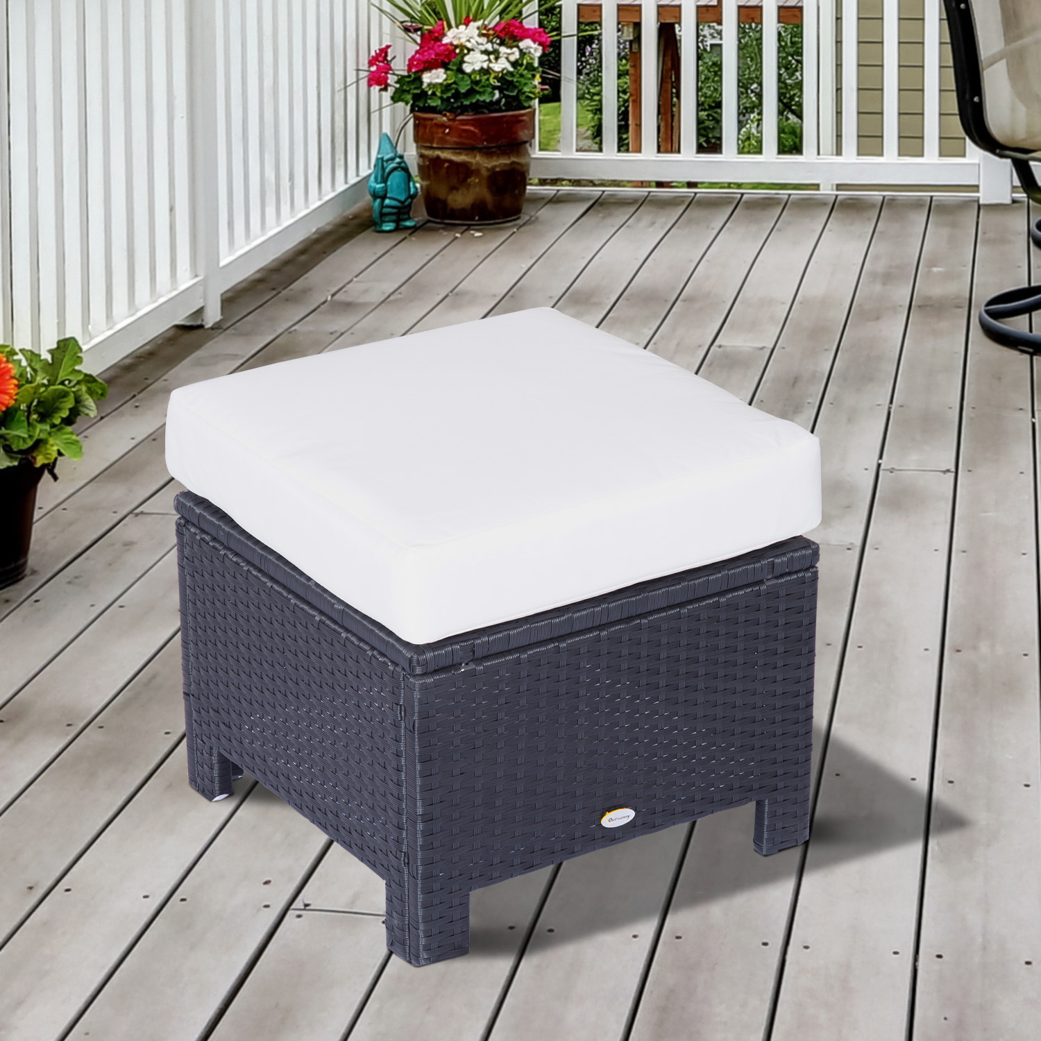 Outsunny Rattan Footstool Wicker Ottoman with Padded Seat Cushion Outdoor Patio Furniture for Garden Poolside Living Room, 50 x 50 x 35 cm, Black 8