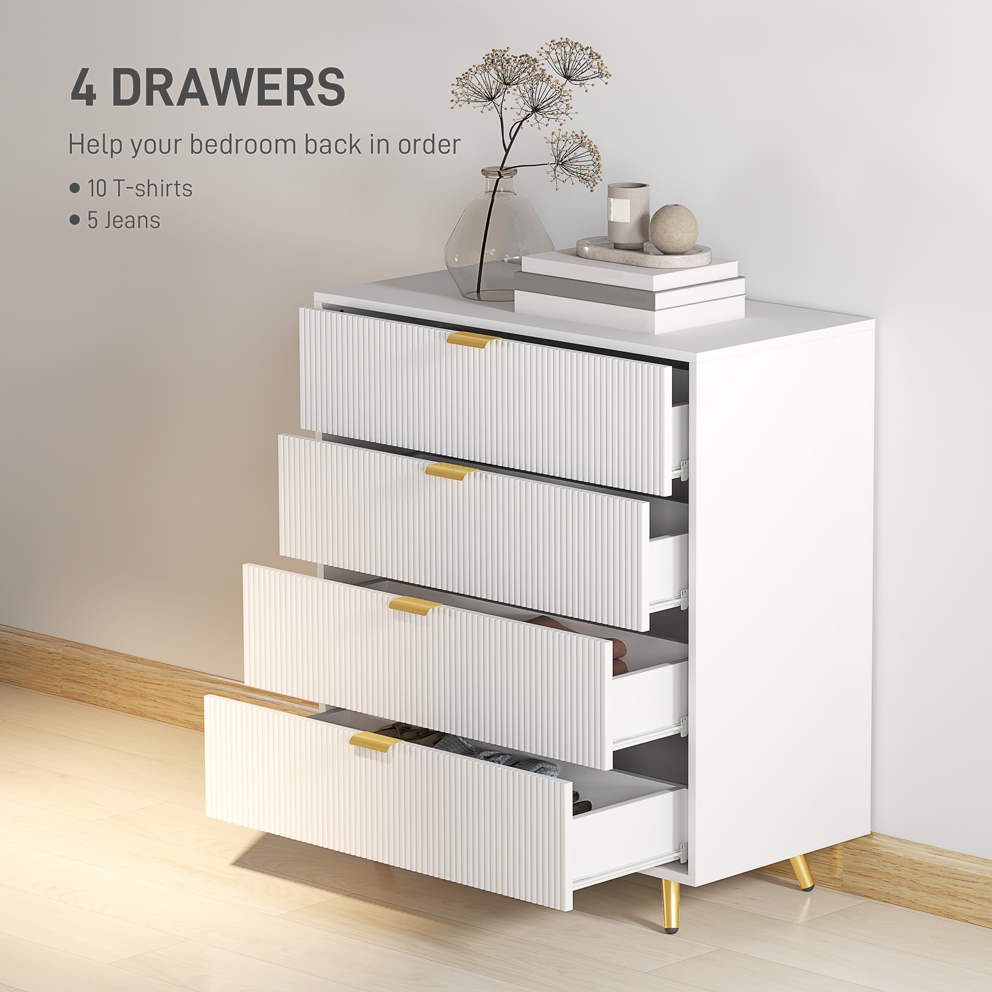 HOMCOM Elegant Four-Drawer Bedside Table White 4