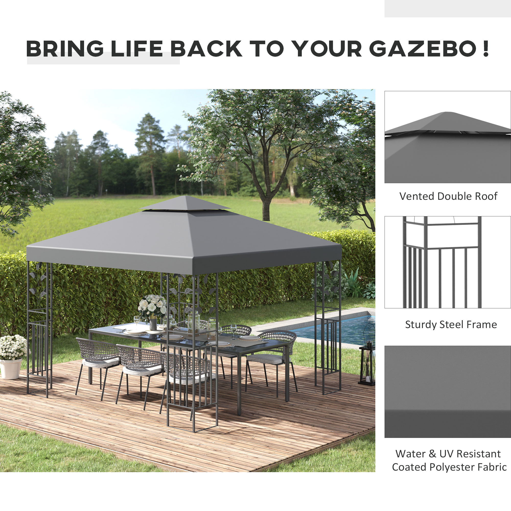 Outsunny 3 x 3m Outdoor Steel Gazebo with 2 Tier Roof, Garden Gazebo Patio Canopy Marquee Shelter with Decorative Steel Frame Grey 4