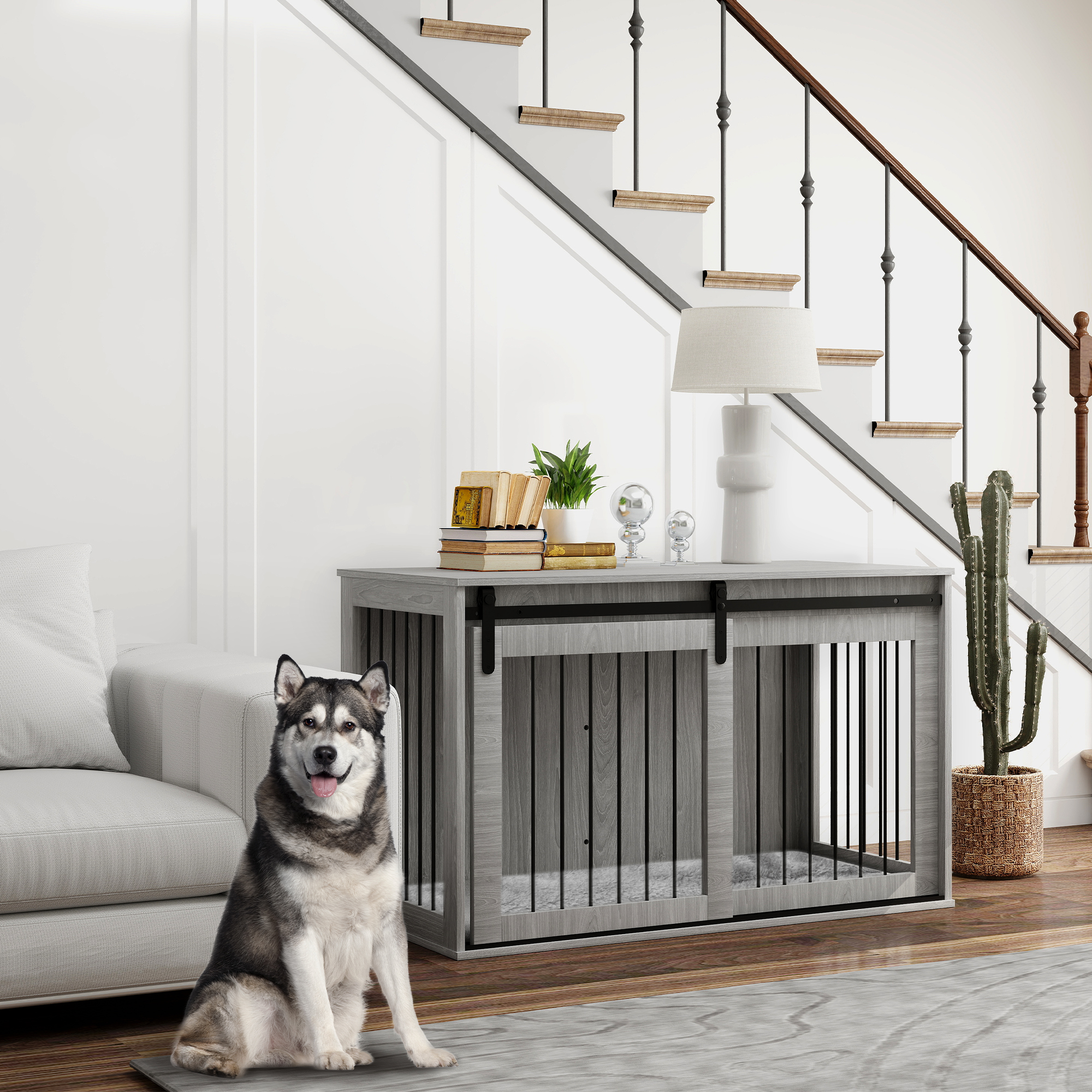 PawHut 118cm Dog Crate Furniture with Removable Cushion for Extra Large Dogs Grey 2