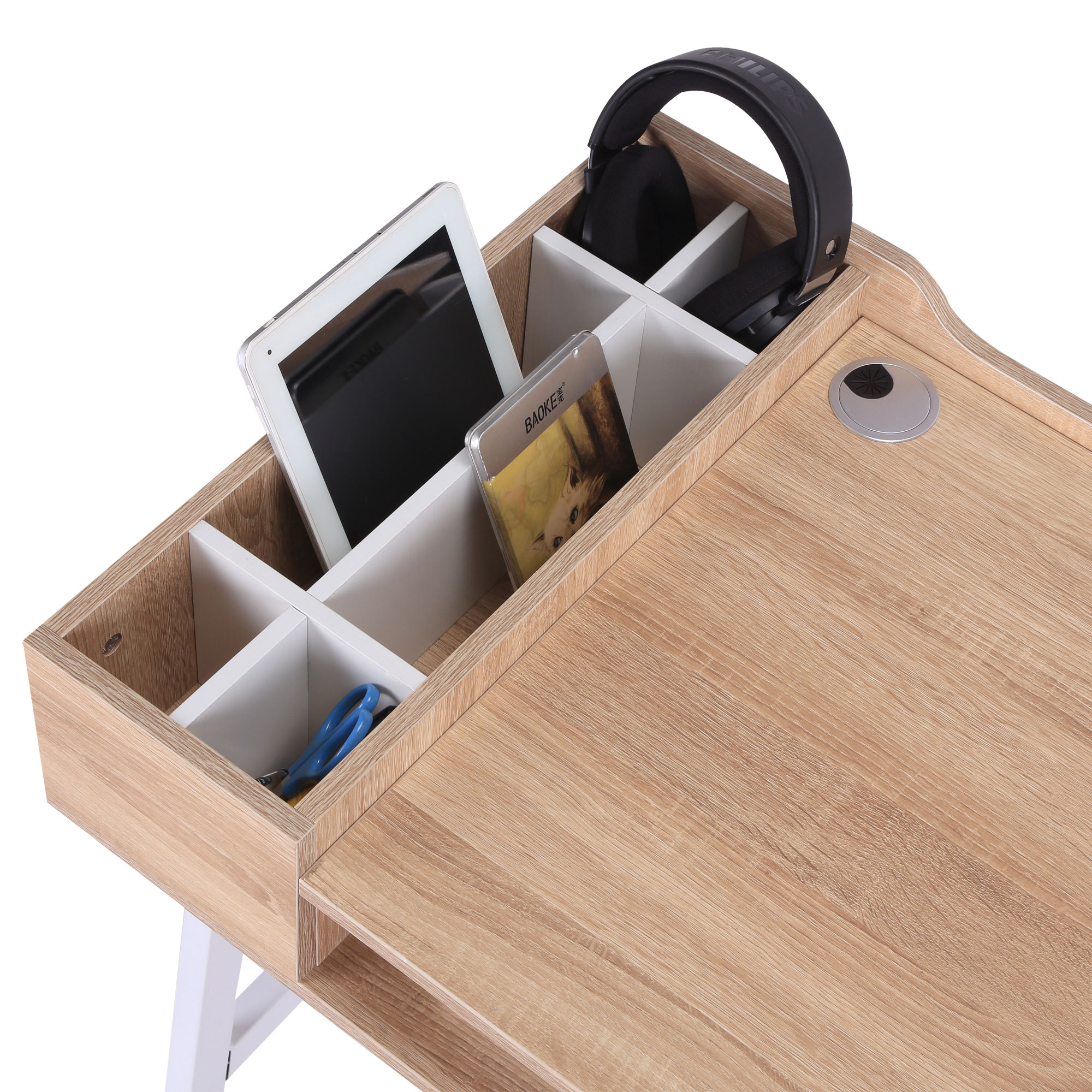 HOMCOM Computer Desk, Writing Desk, Study Workstation with Drawer, Storage Compartments, Cable Management, Laptop Table, Metal Frame, 100 x 55 x 81.5cm, Oak and White 7
