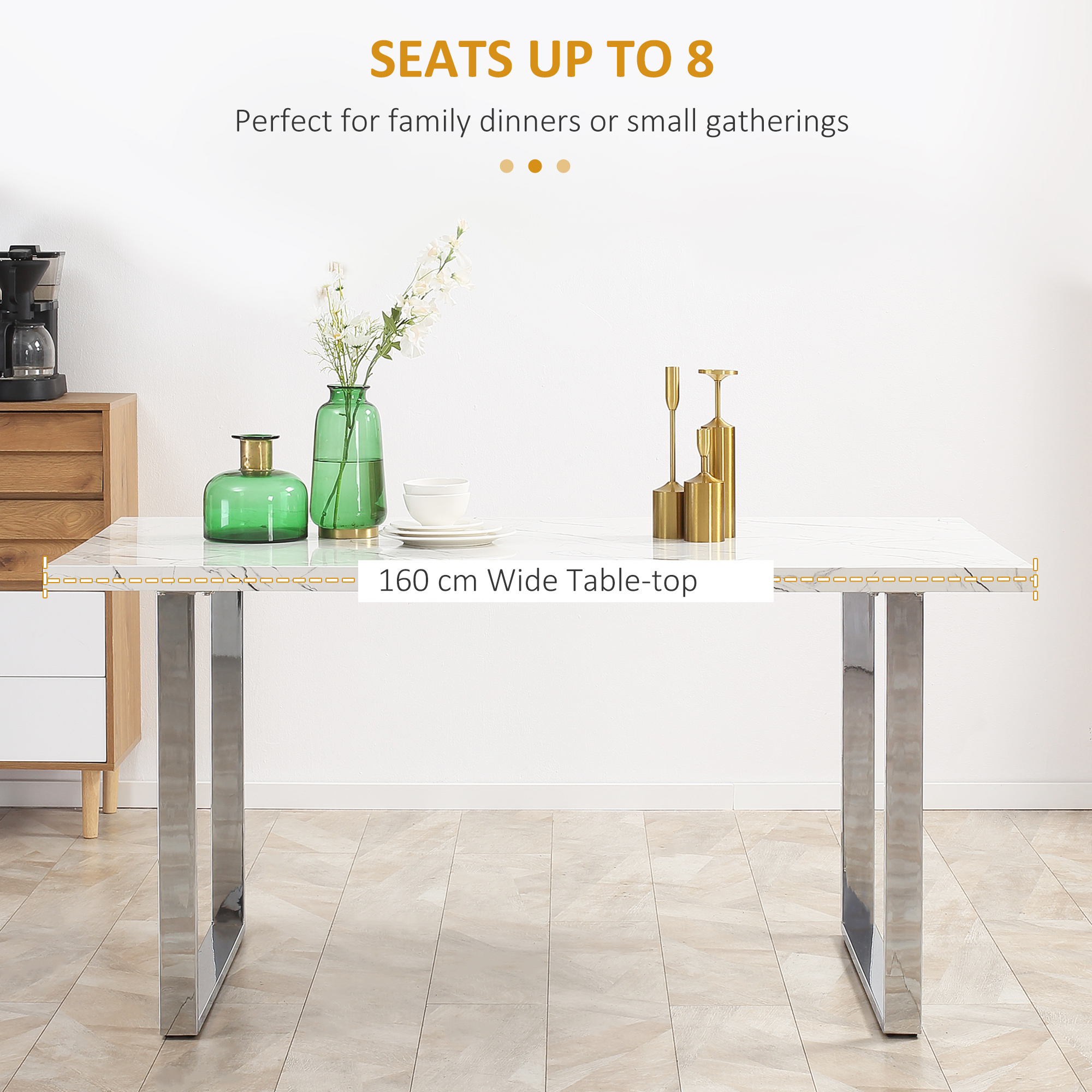 HOMCOM Modern Dining Room Table Rectangular Kitchen Table for 6-8 People with Marble Effect Tabletop Steel Legs 160 cm White 5