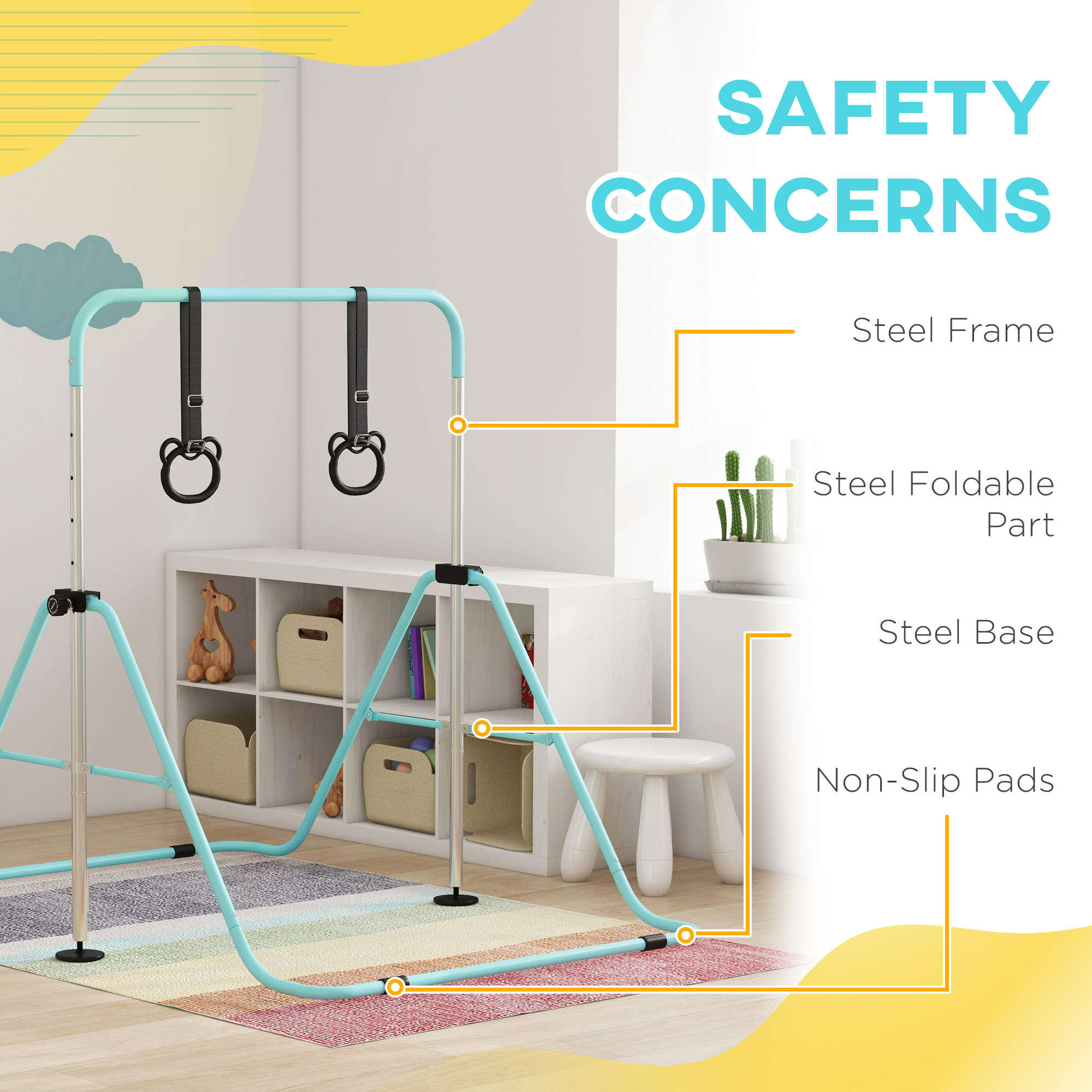 HOMCOM Adjustable Height, Foldable Kids Gymnastics Bar w/ Non-slip Rubber Floor Rings, for 3+ Years, Green 5