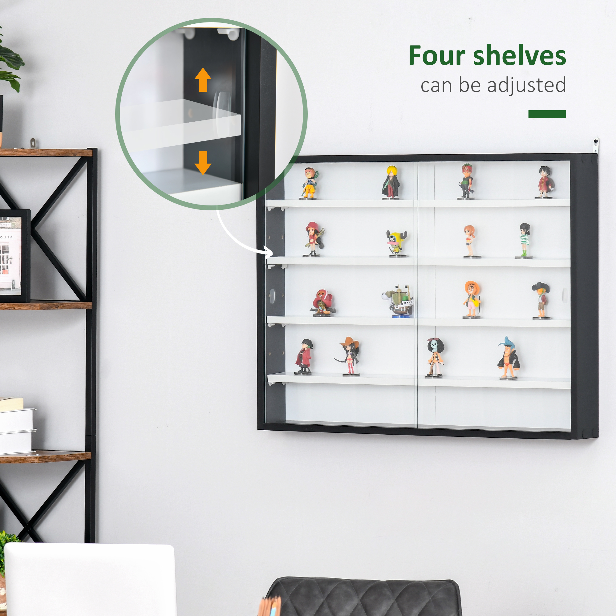 HOMCOM 5-Tier Wall Display Shelf Unit Cabinet w/ 4 Adjustable Shelves Glass Doors Home Office Ornaments 60x80cm Black/White 6