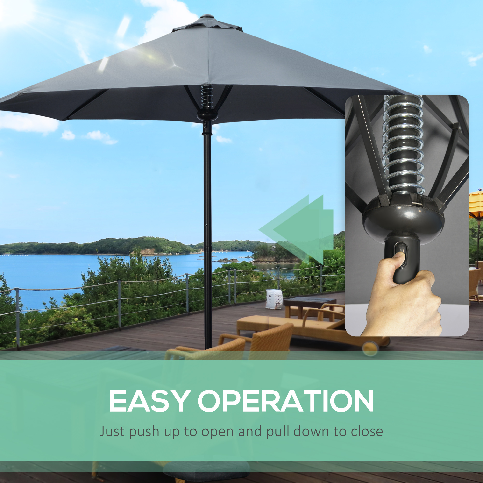 Outsunny Garden 3(m) Parasol Umbrella, Outdoor Market Table Umbrella Sun Shade Canopy with 8 Ribs, Easy Push to Open, Grey 5