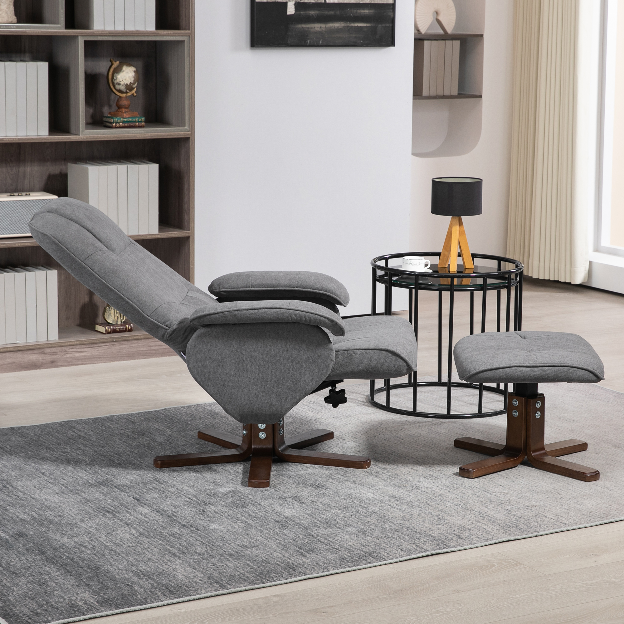 HOMCOM Linen Swivel Recliner Chair with Footstool, Upholstered Reclining Armchair with Wooden Base for Living Room, Grey 7