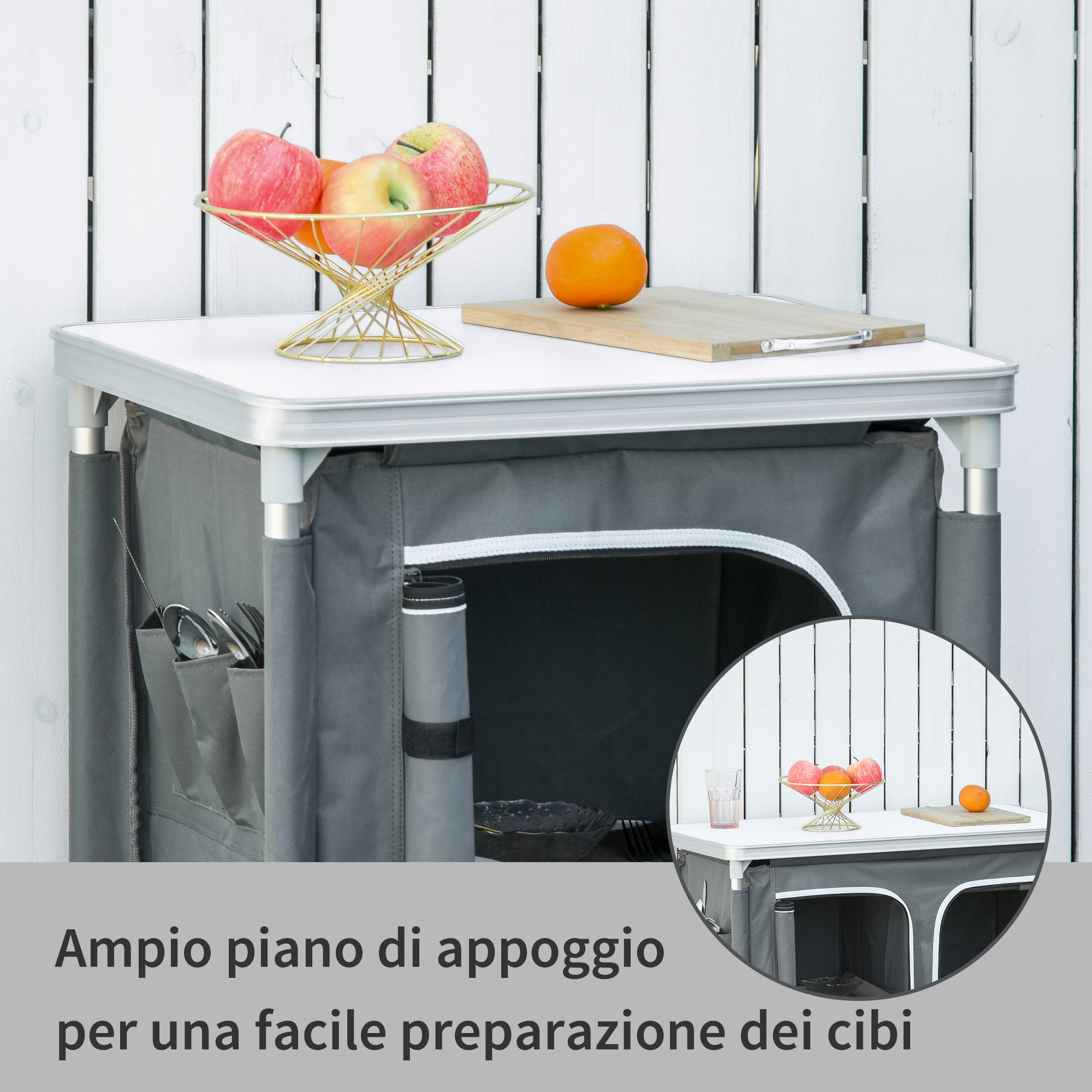 Cucina Da Campeggio Outsunny Con Armadietto Doppio E 3 Mensole - Leggera, Portatile, Grigio - Foto 9