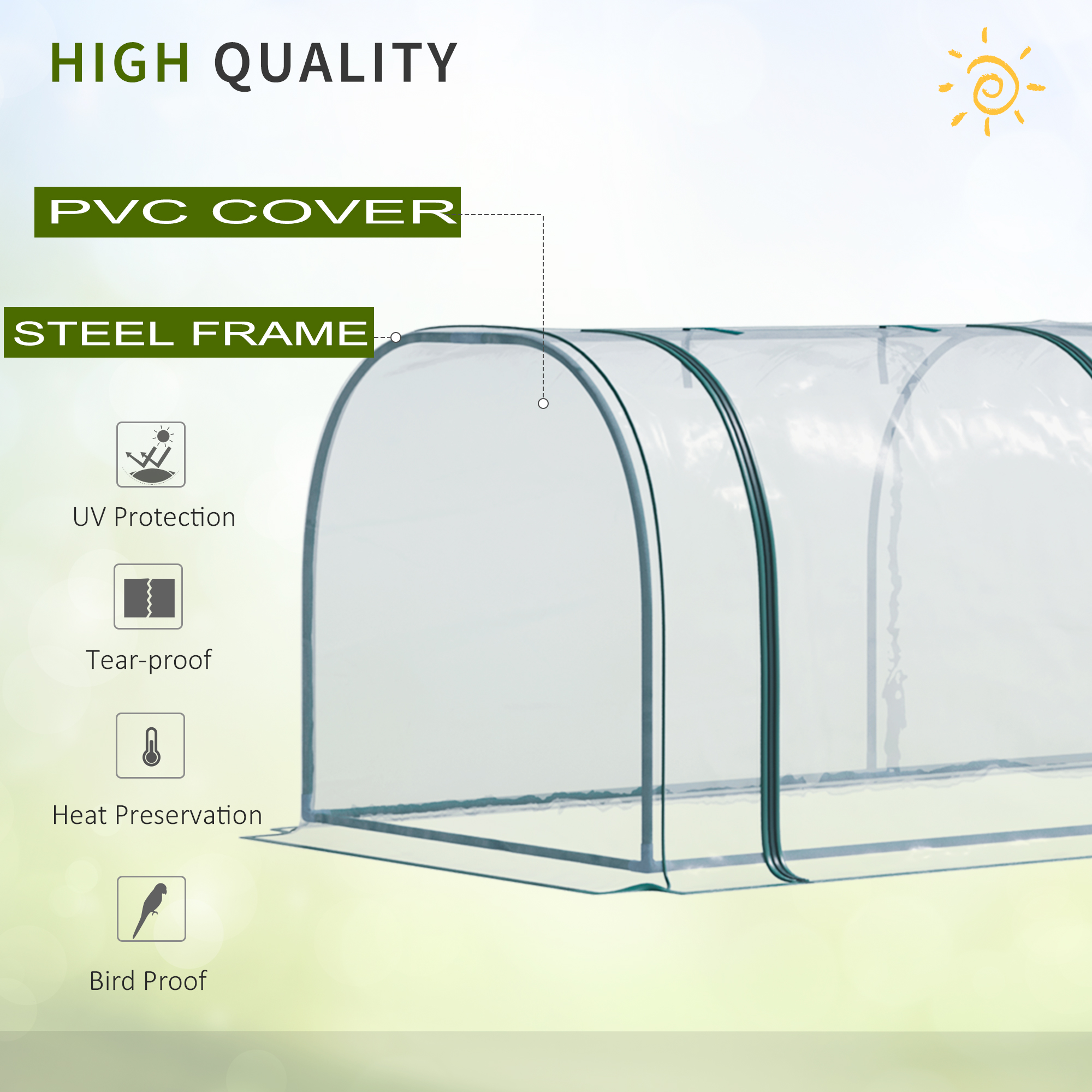 Outsunny Mini Greenhouse, Small Polytunnel Green House with Zipped Doors, Steel Frame for Garden Patio, 300 x 100 x 80cm, Clear 7