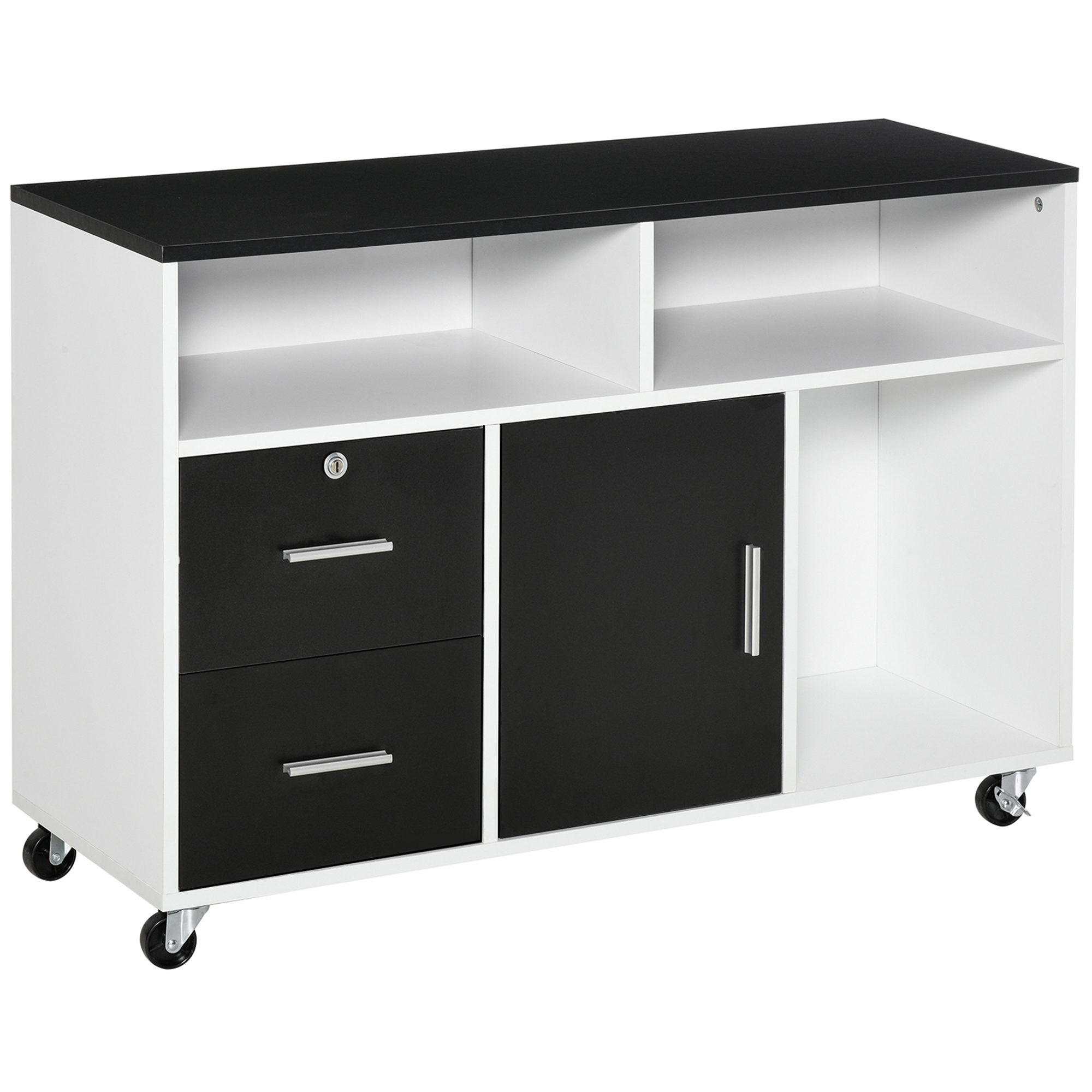 HOMCOM Mueble Auxiliar de Oficina Archivador con Ruedas Estantes y Cajones Multiusos con Gran Almacenaje 100x35x65 cm Negro y Blanco | Aosom España